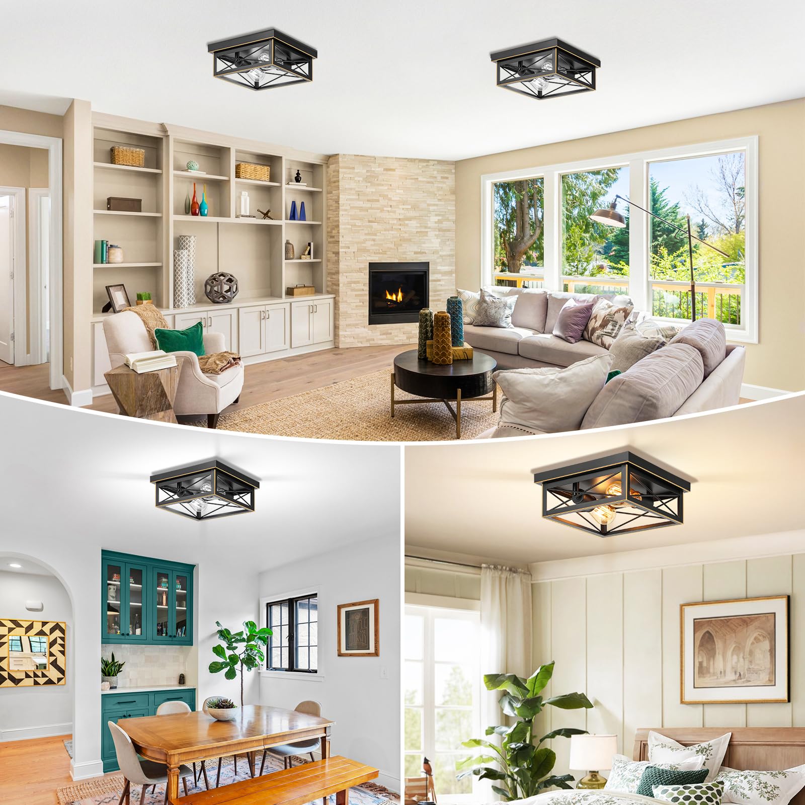 Brushed Gold Hallway Light Fixtures Ceiling, 2-Light Farmhouse Industrial Flush Mount Ceiling Lights, 2-Pack Metal Kitchen Light