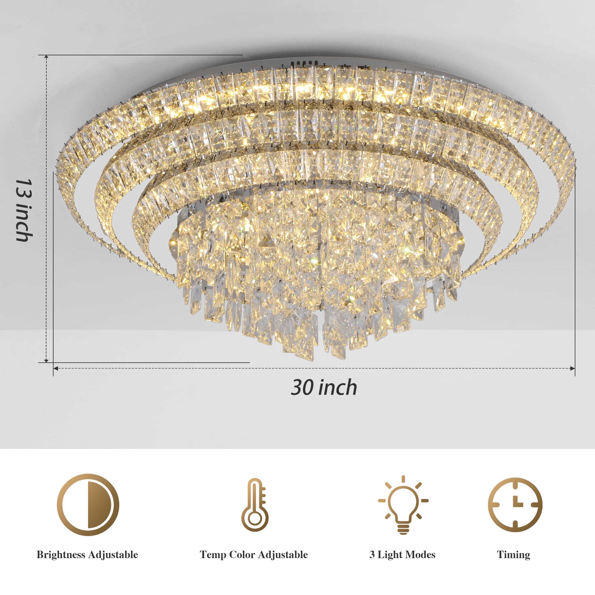 REDSTAR 30" Crystal Silver Flush Mount Ceiling Light, Remote & APP Control, Dimmable, Modern K9 Crystal Chandelier for Bedroom & Living Room