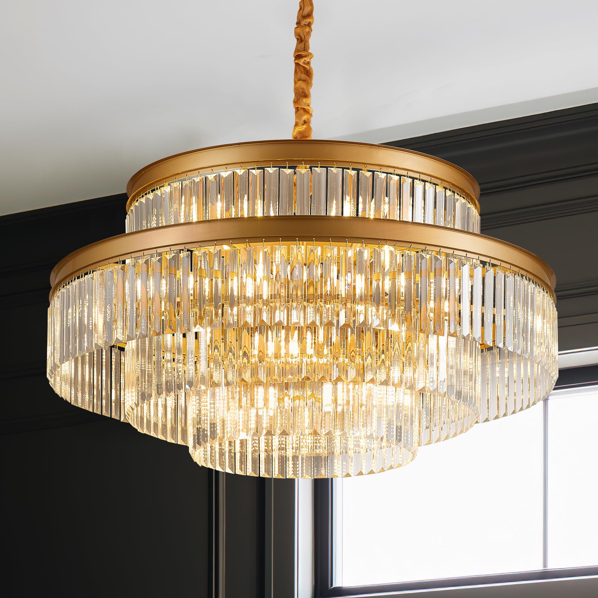 Brfaixla 31.5 18-Light Modern Crystal Chandelier Light Fixture Large 4-Tier Gold stylish Glam Chandeliers For Dining Room Round Hanging Pendant Lighting For Living Room Kitchen Bedroom Foyer Lobby