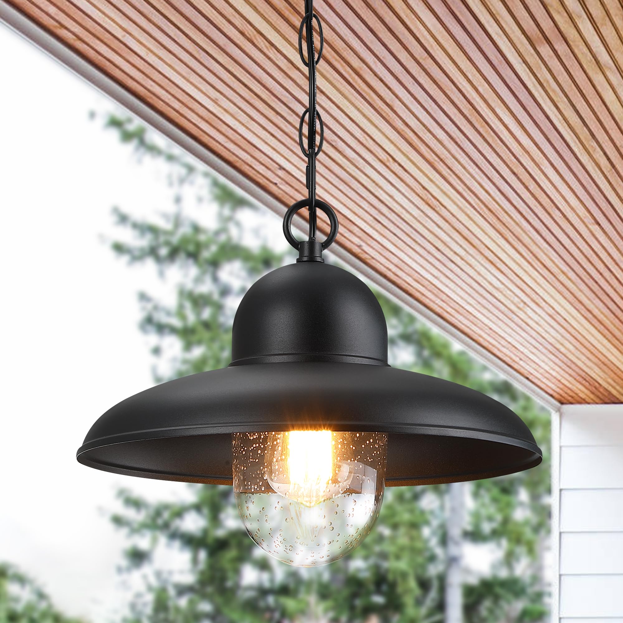 YKLITG Outdoor Pendant Lights for Porch 12  Outdoor Farmhouse Hanging Light Fixture with Adjustable Chain and Bubble Glass  Black Rustic Exterior Pendant Light for Front Door  Gazebo  Entryway  Patio