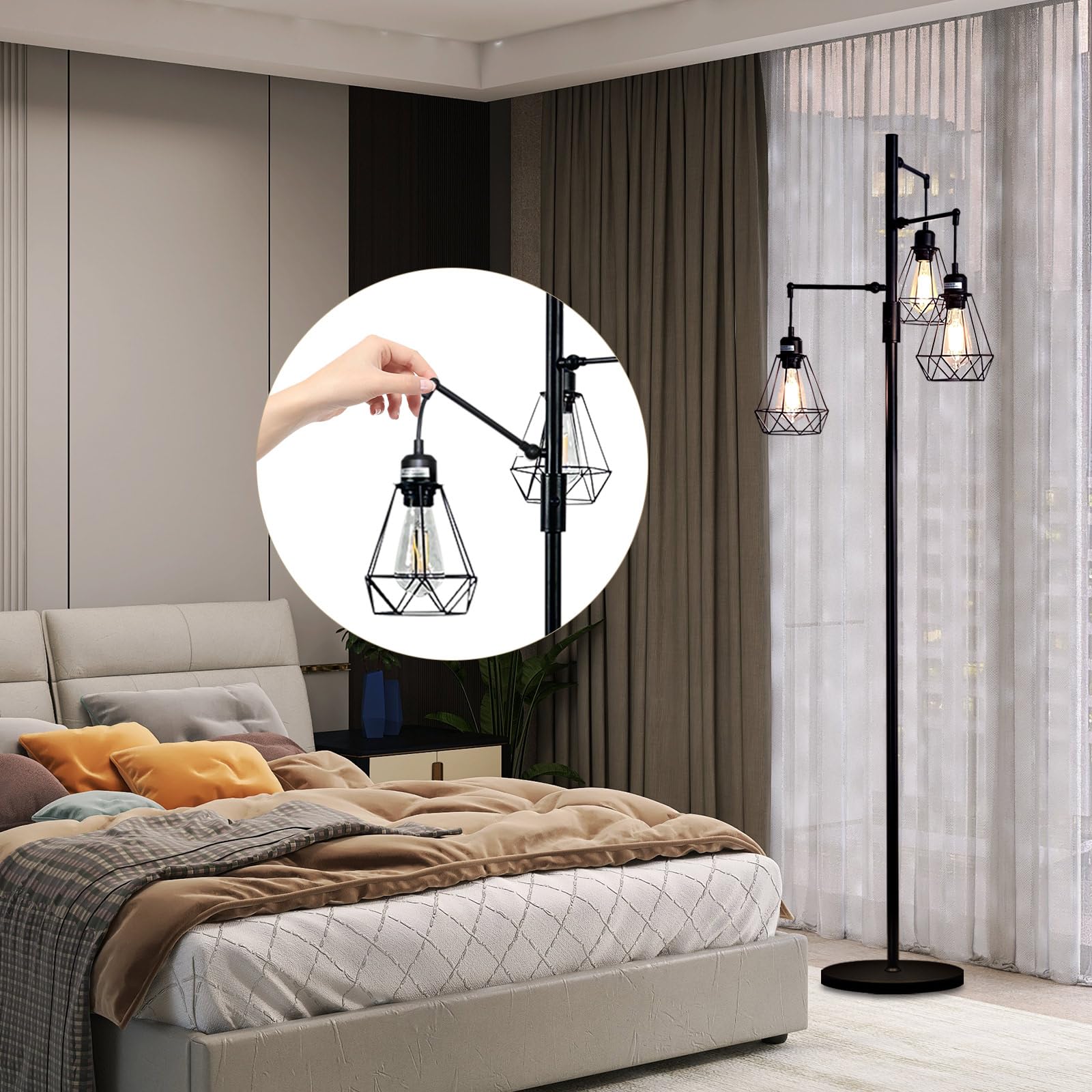 Juguo 69'' Dimmable Farmhouse Floor Lamp With 3X9W Edison Bulbs, Industrial Vintage Tree Design & Adjustable Diamond Cages, Black Rustic Lighting For Living Room/Office