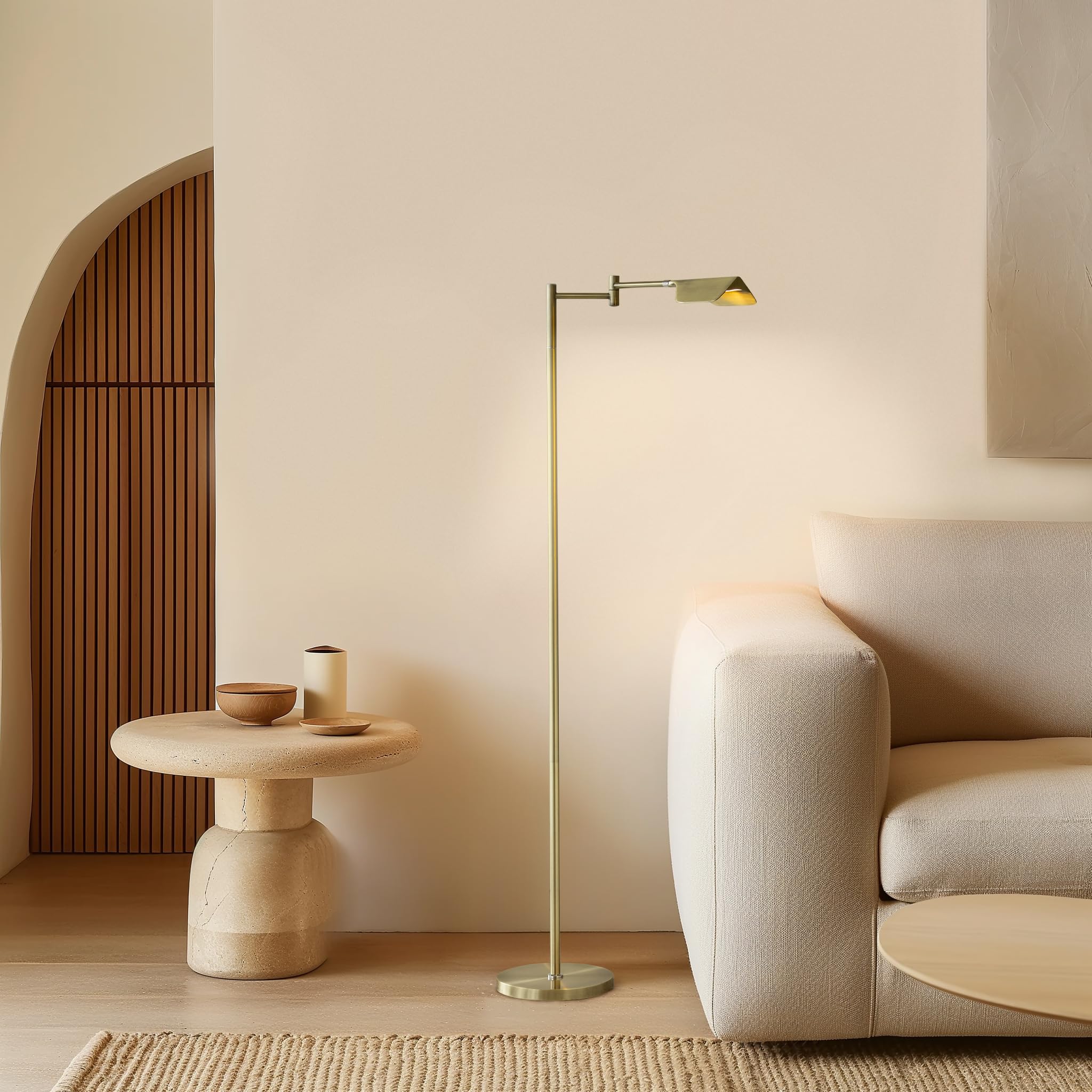 Brightech Leaf LED Reading Lamp - Dimmable Floor Lamp, Adjustable Height, Antique Brass, Perfect for Living Rooms & Offices, Model 211179AB