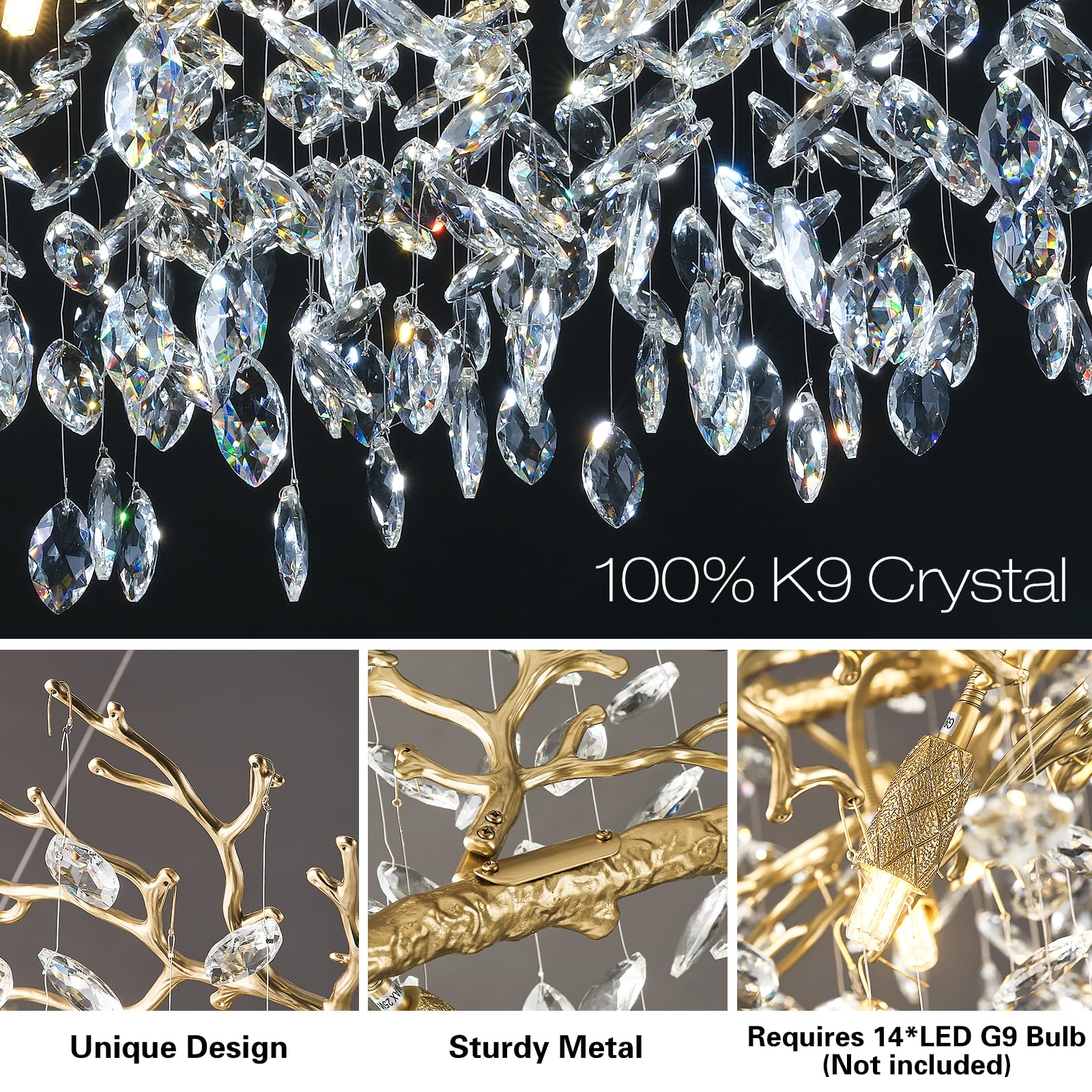 Kvtinmty Modern Crystal Chandeliers For Dining Room Over Table, 40'' Round Gold Tree Branche Chandelier, Large Crystal Chandelie