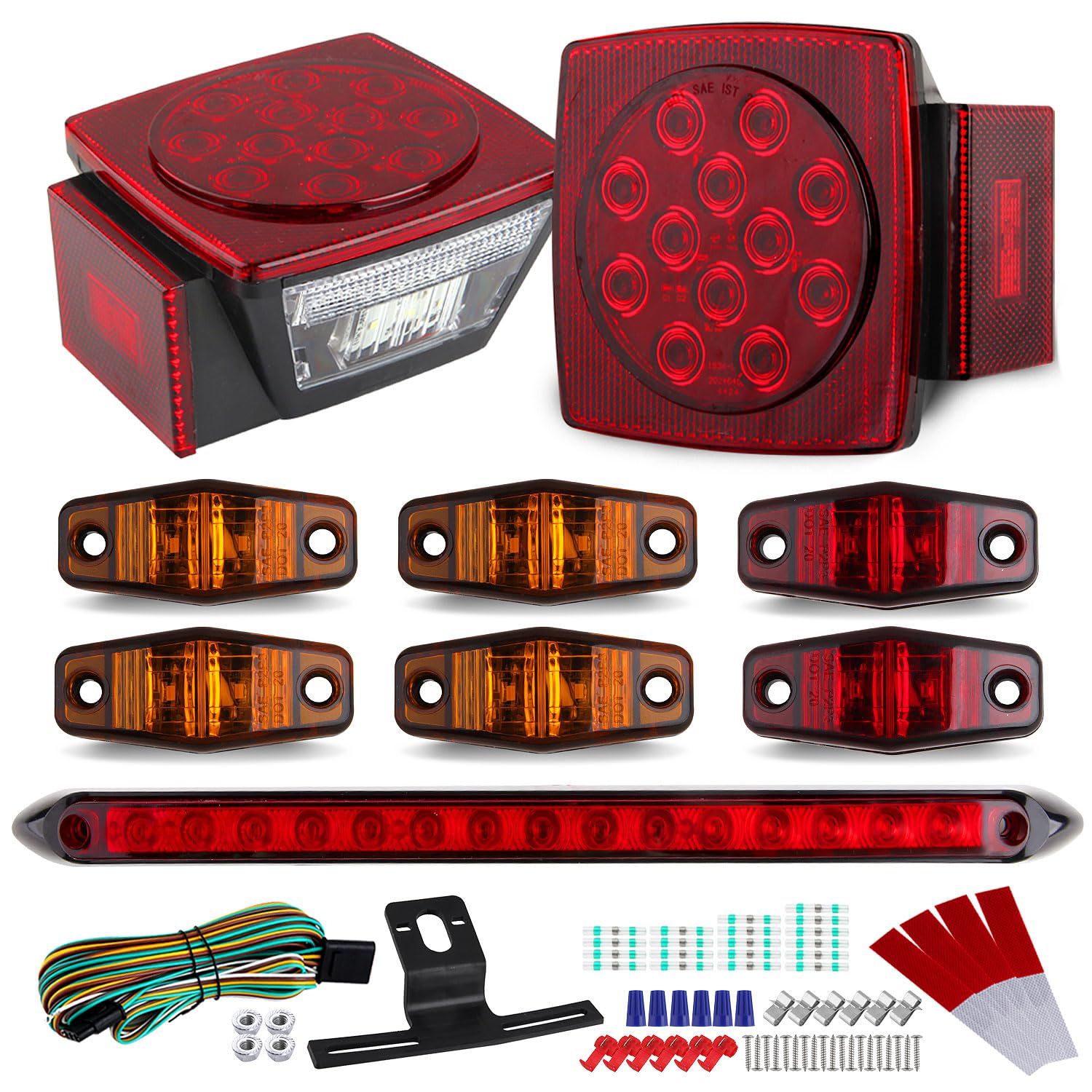 Traberm LED Trailer Tail Light Kit  2Pcs Square LED Stop Turn Tail Brake Lights  2.5 Mini Oval Markers Clearance(2Red+4Amber)  13.7 Inch Led Trailer Tail 3RD Brake Light Bar w/25ft Wiring Harness