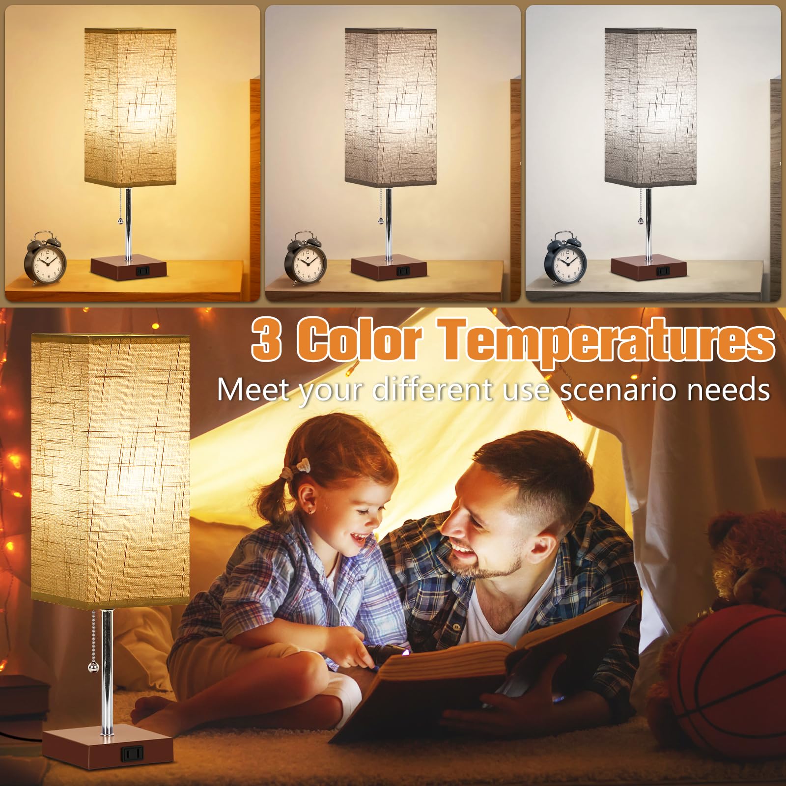 PLMMY Table Lamp Set of 2, 18 Inch Gray Shade-Brown Base, 3 Color Temperatures, AC Outlet, Model RD-PTL6W-022