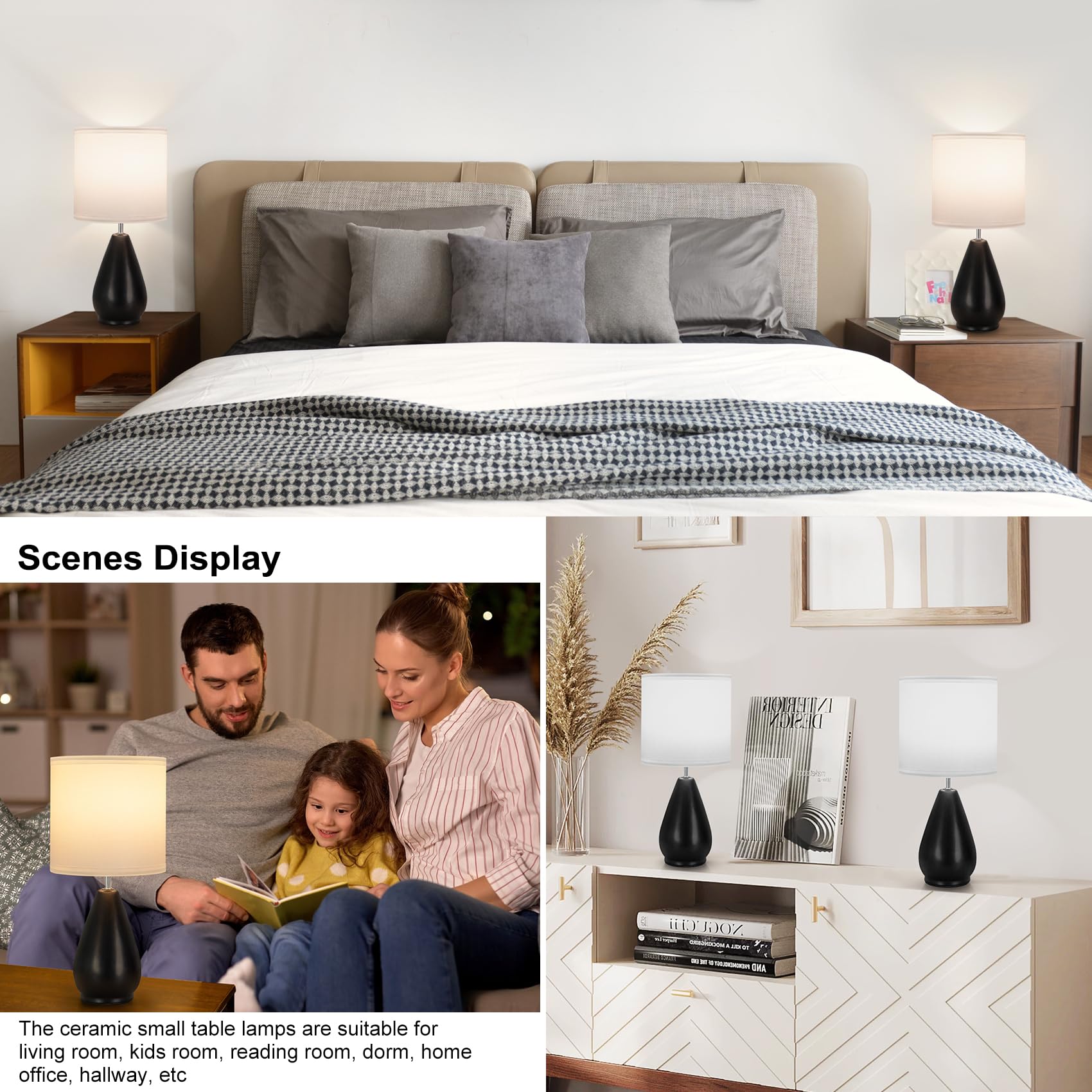 Yacoto Ceramic Table Lamps Set Of 2, Small Black Bedside Lamps For Bedroom Modern Nightstand With 3 Color Temperatures For Livin