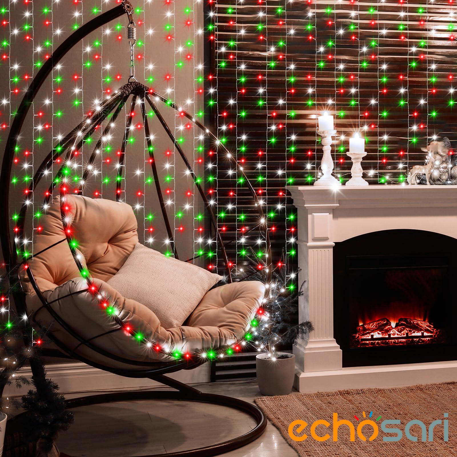 Echosari Red White And Green Christmas Curtain Lights Battery Operated, 300 Led Fairy Curtain Lights 9.8Ft X 9.8Ft Hanging Lights With Remote Timer For Party Holiday Garden Yard Decor