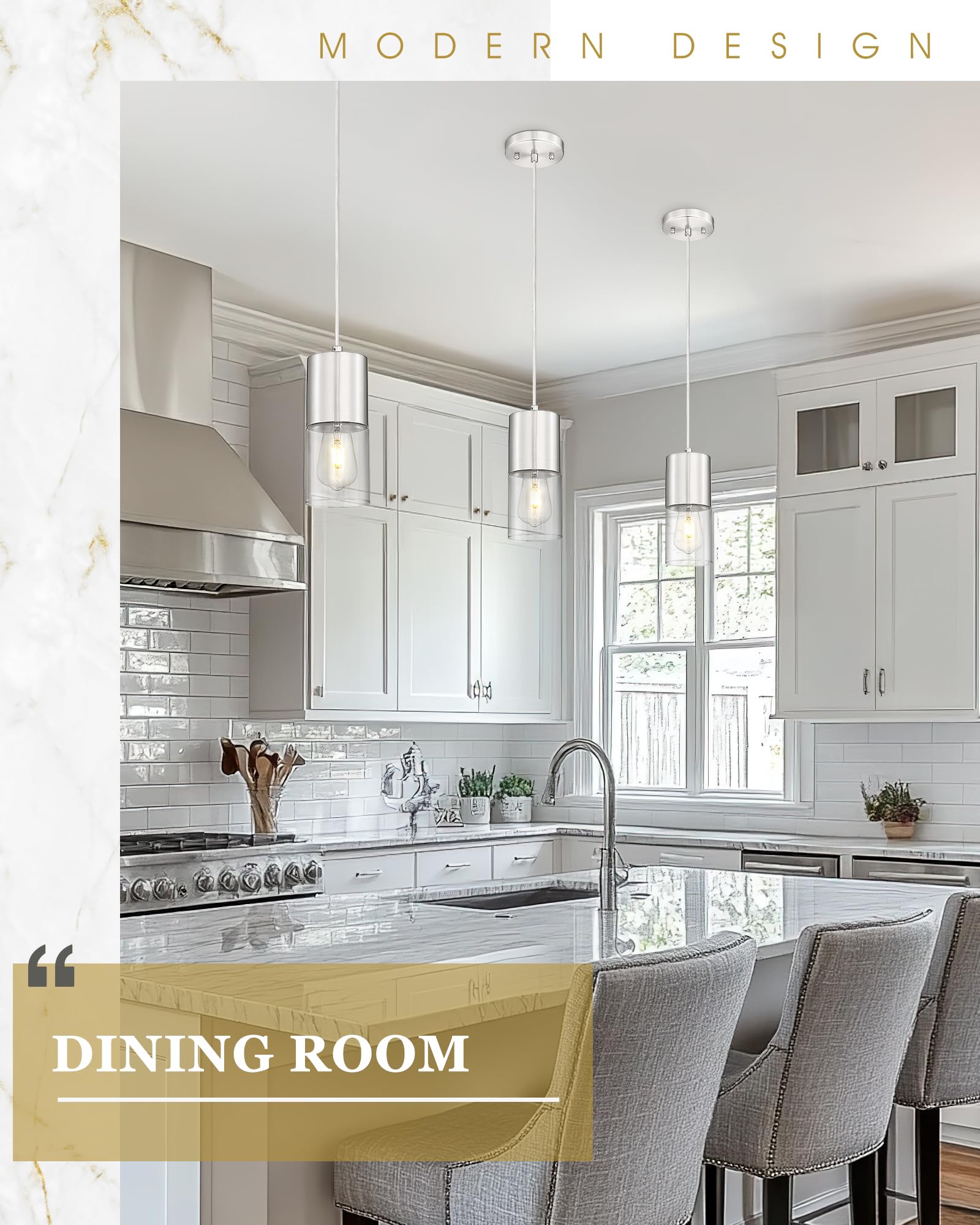 Audickic Pendant Lights Kitchen Island  Brushed Nickel Hanging Lights Fixtures With Cylinder Clear Glass  Modern Kitchen Pendant Lighting Over Island For Dining Room  Ad-24023-1P-Sn
