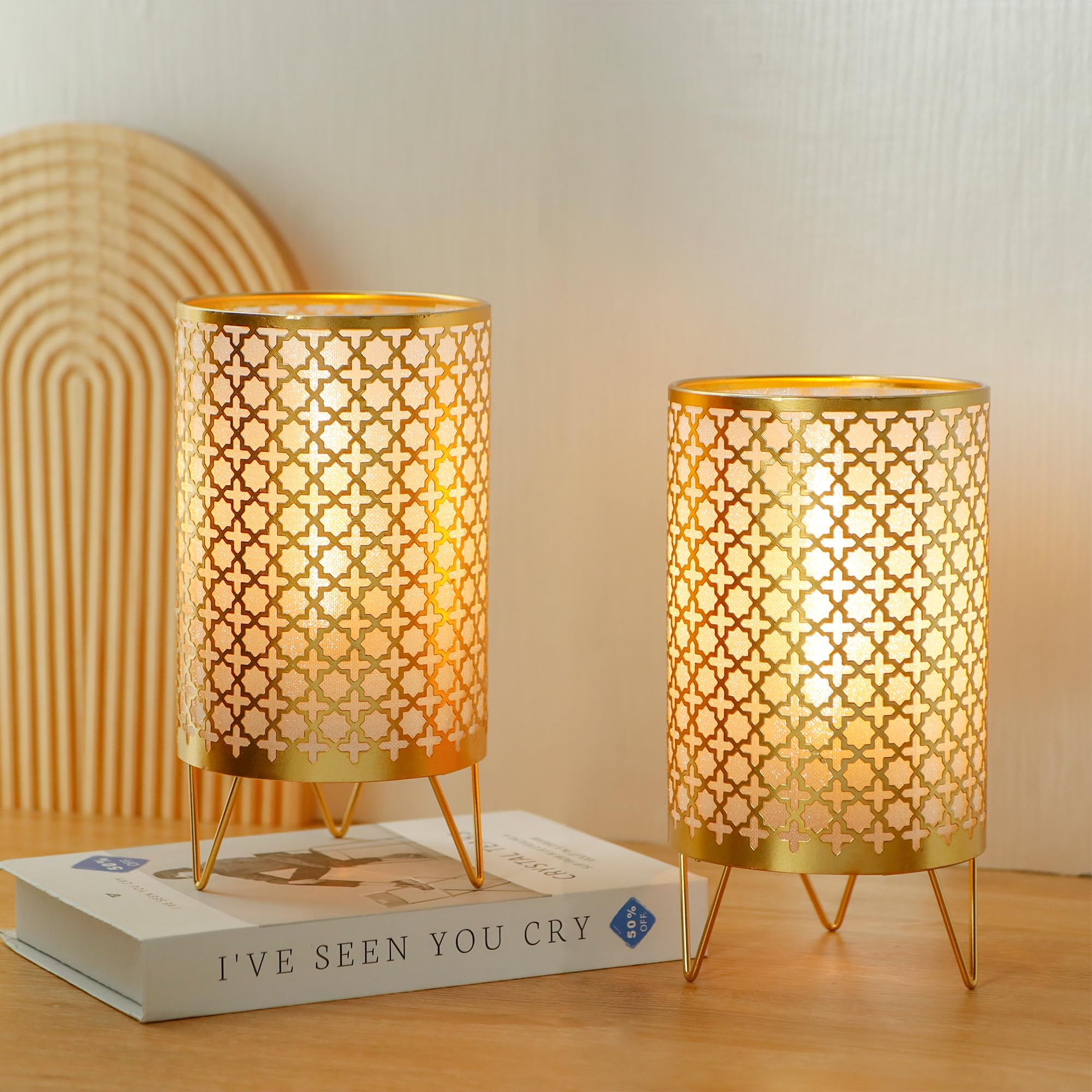 TRIROCKS Set of 2 Battery Operated Lamp 6.5'' Tall Metal Cordless Table Lamp Bronze Lanterns with Warm Fairy Lights Bulb for Pat