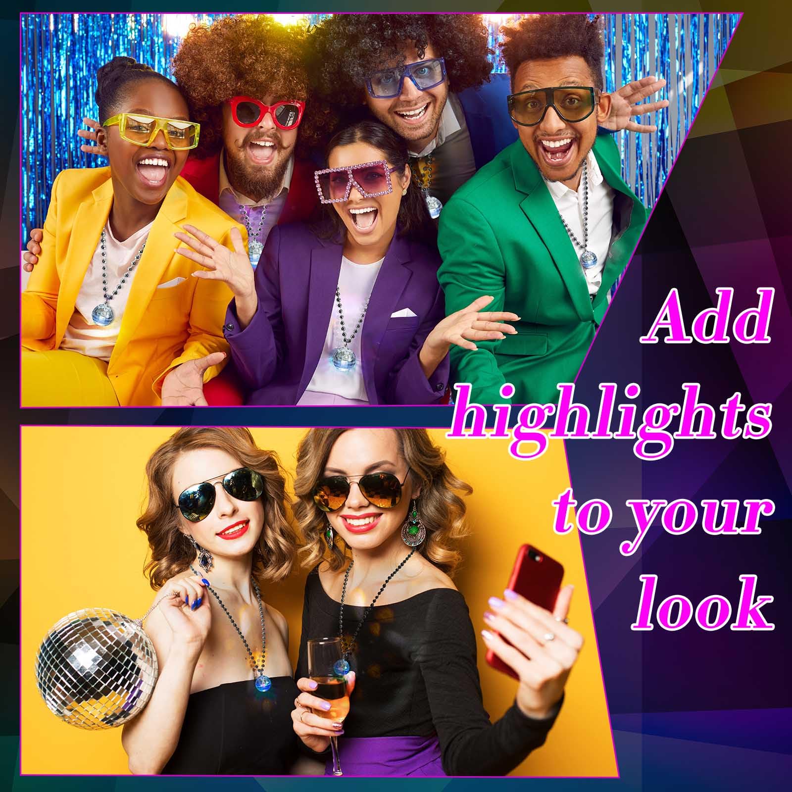 Henoyso LED Disco Ball Necklaces - 24 Pcs Light Up Beads for Mardi Gras & Parties - Silver, White Light