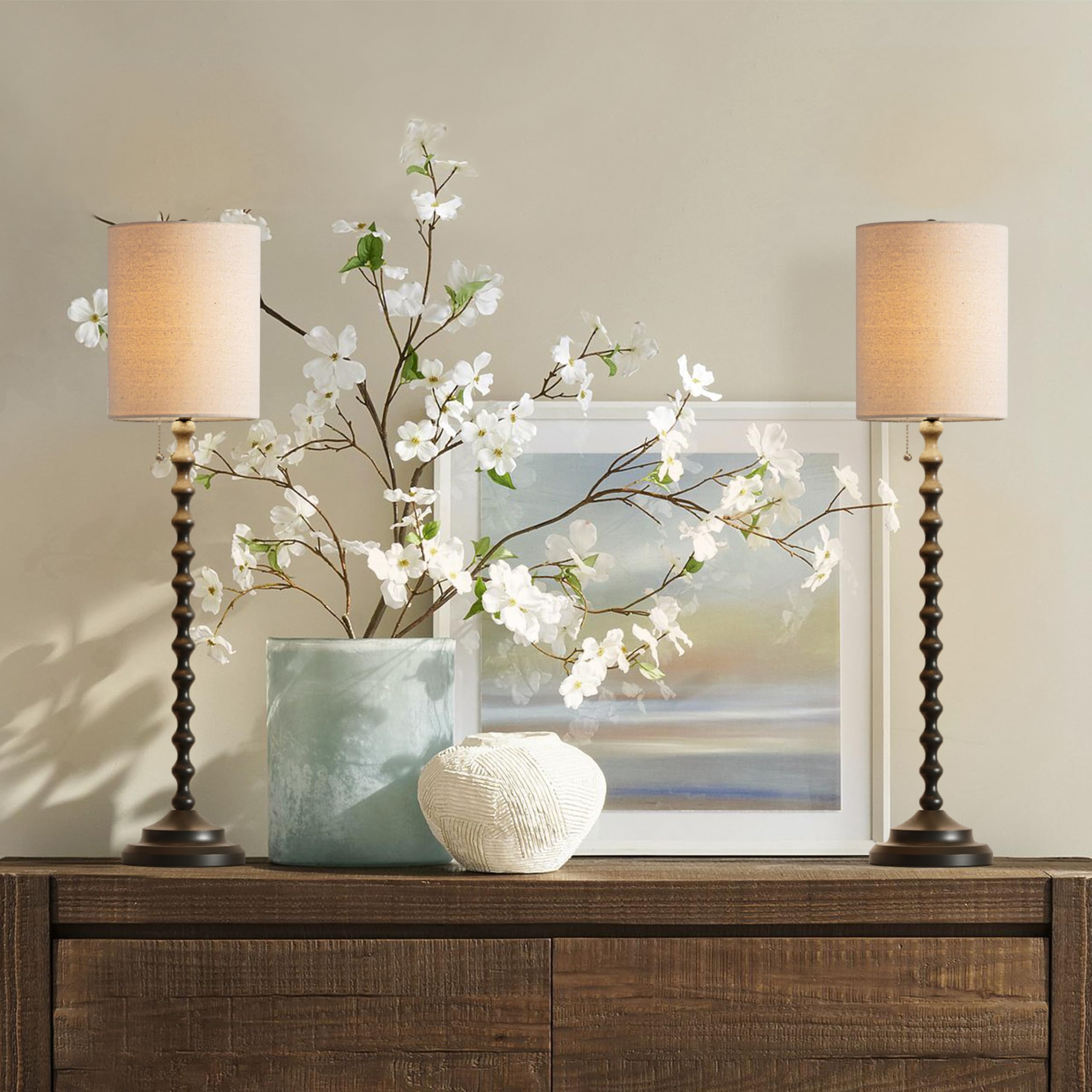 Buffet Table Lamps Set Of 2 With Linen Shade, Black Elegant Tall Table Lamps, 29.5'' Tall Bedroom Lamps For Nightstands, Bedside Lamps For Bedroom Living Room, Buffet Lamps For Dining Room, Entry