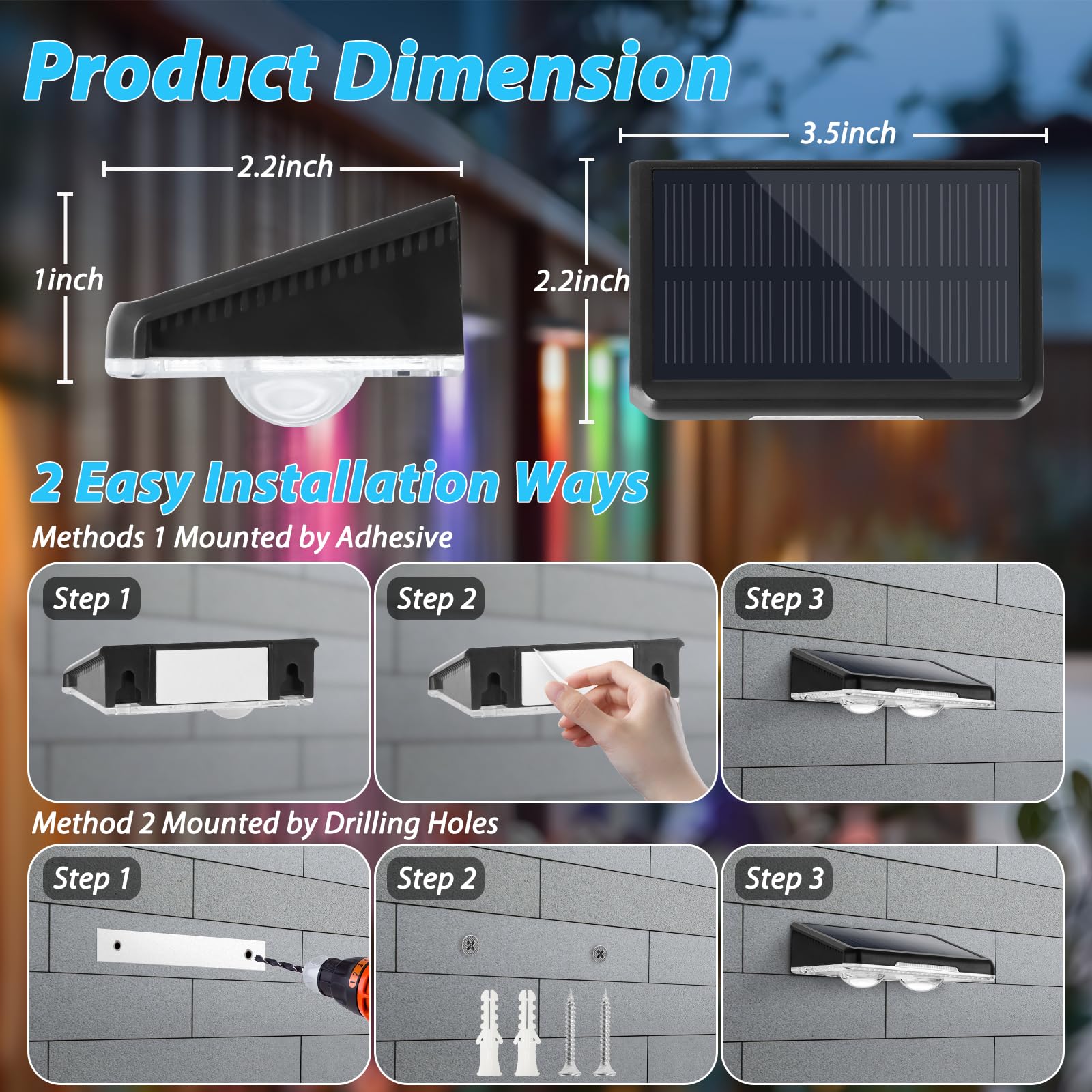 Solar Lights Outdoor Waterproof 4-Pack  Backyard Led Fence Lighting Solar Powered With Warm White & 6 Rgb Colors & 2 Lighting Modes For Outside  Deck  Step  Stairs  Balcony  Yard  Patio  Walkway