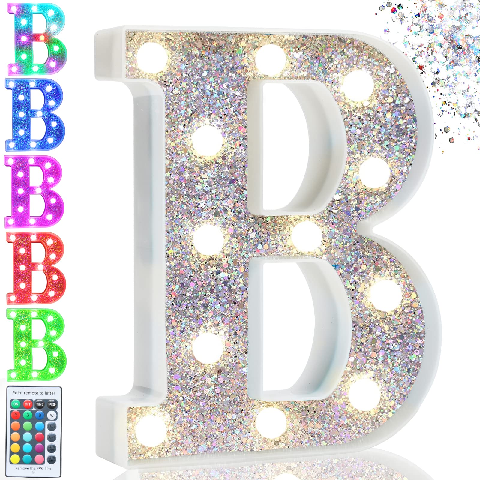 Pooqla LED Marquee Letter B, Silver Colorful Light Up Sign, 16 Colors, Battery Operated, Home Decoration for Parties and Bedrooms