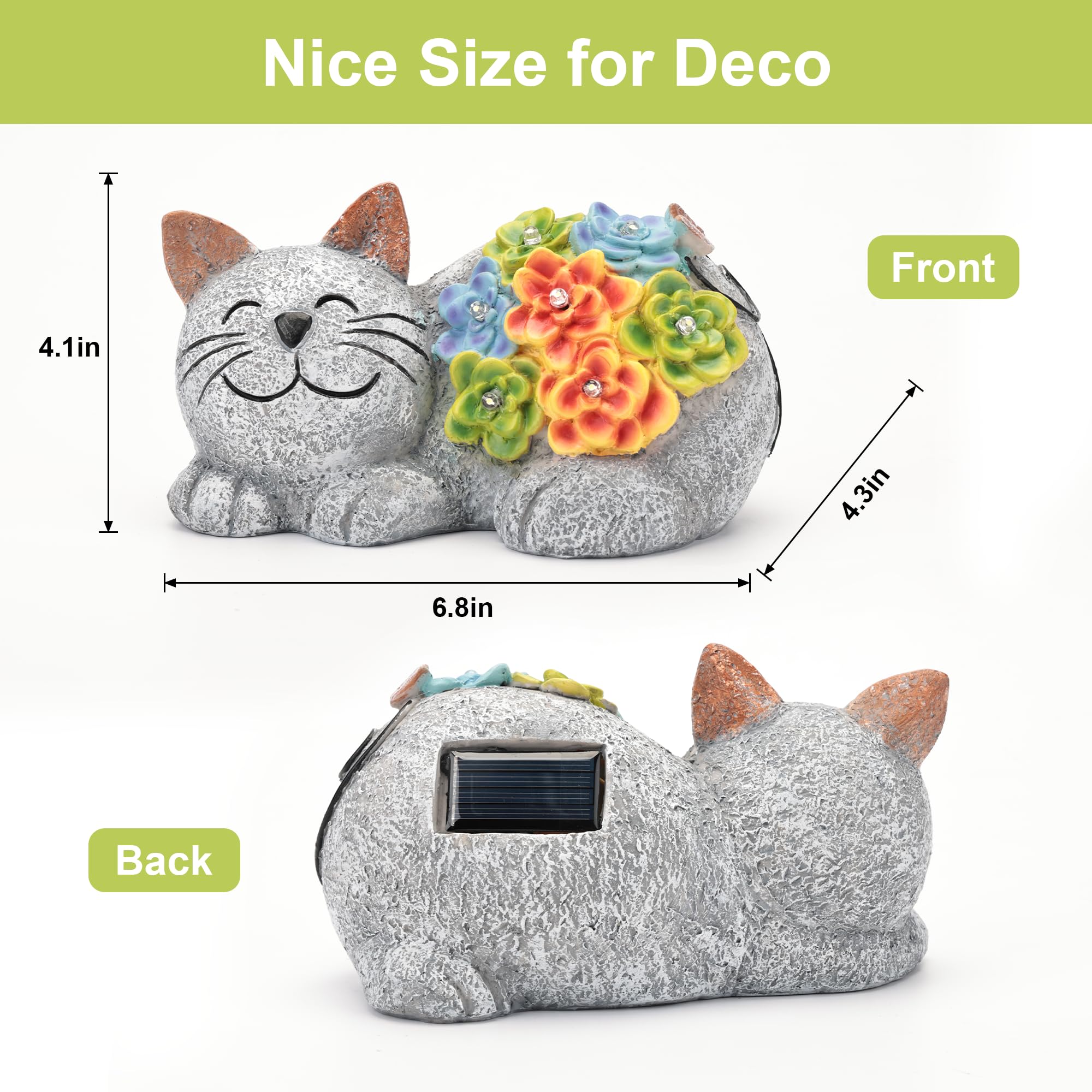 Otdair Solar Garden Decor Cat with Succulent, 7 LED Lights, 6.8inx4.3inx4.1in, Gray, Model XMD-Flo, Outdoor Gift for Cat