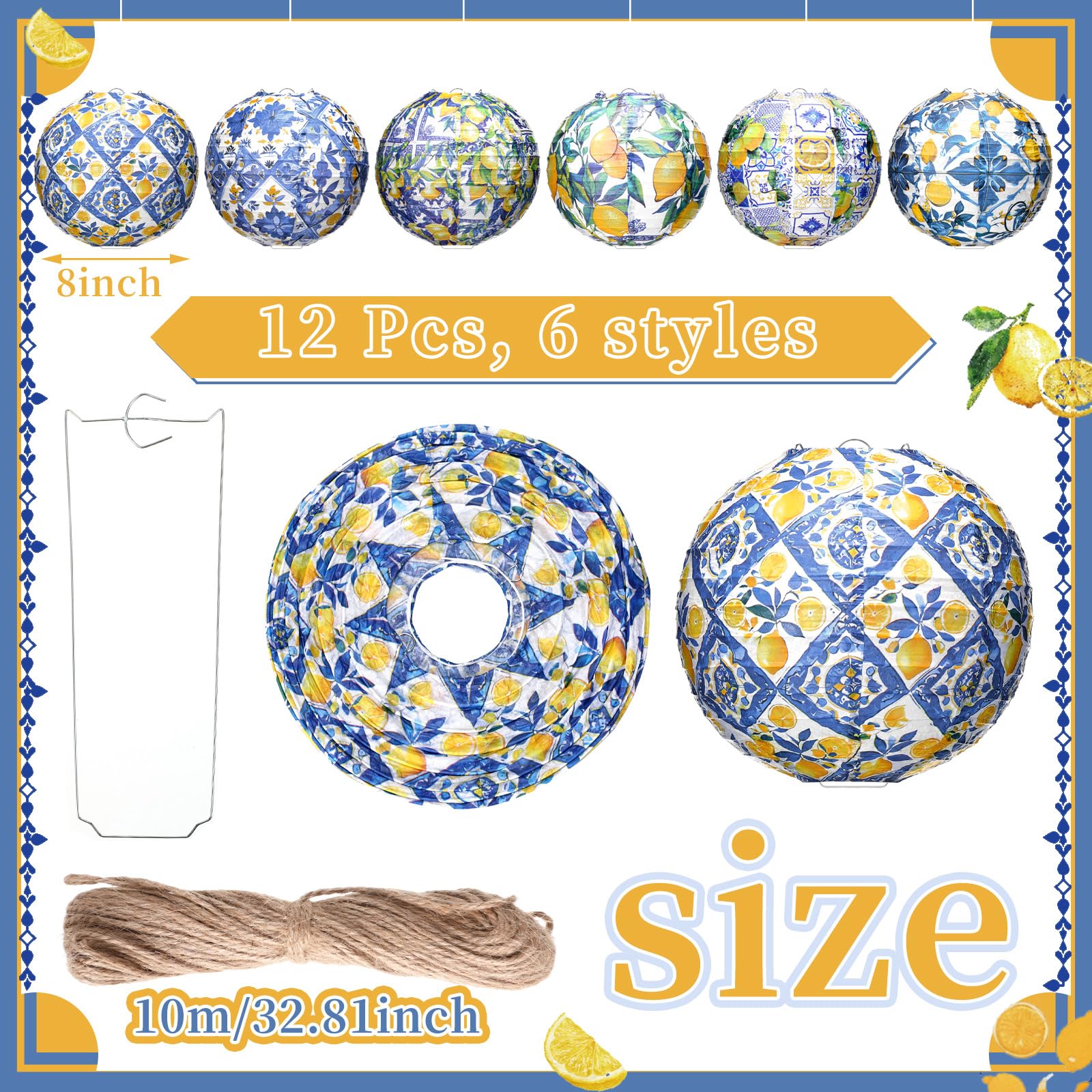 Rossesay 12 Pcs Capri Lemon Paper Lanterns, 8 Inch, Blue and Yellow, Indoor/Outdoor Decorations for Birthday, Wedding, Baby Shower