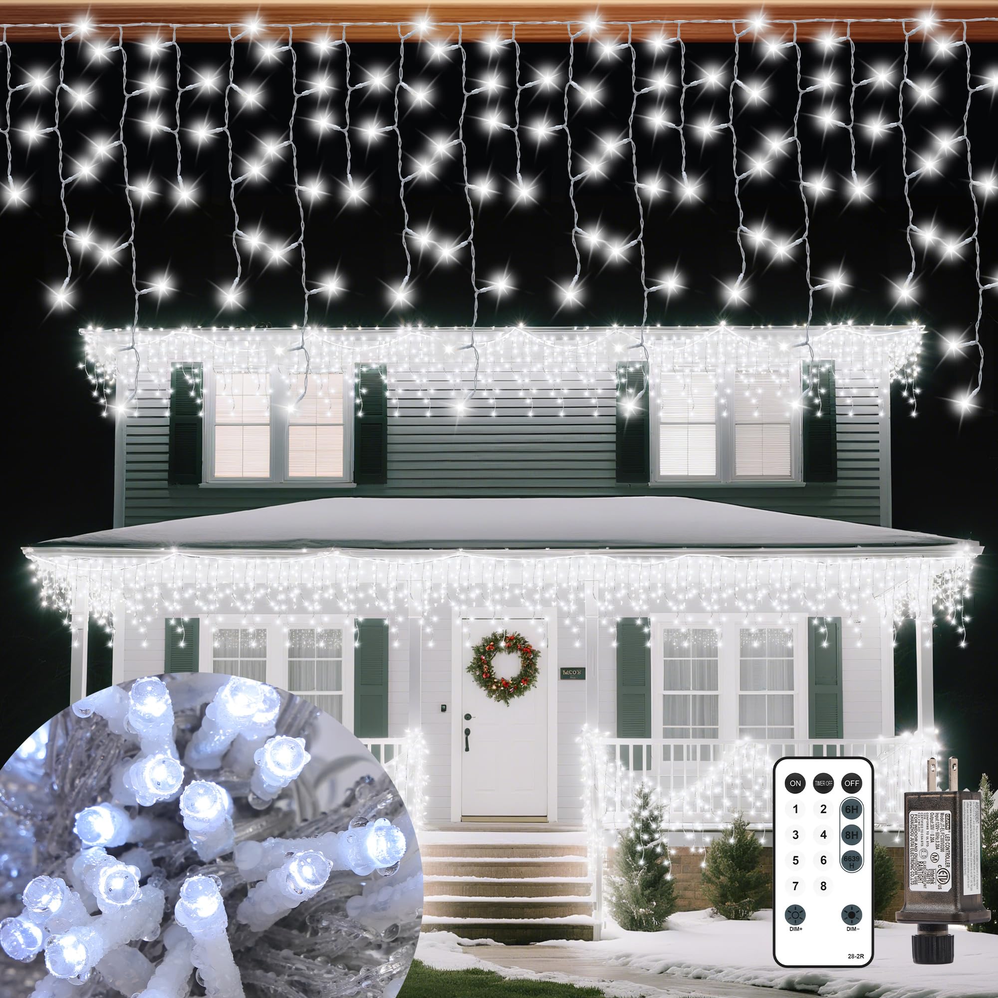 Vynoblip Christmas Ice Lights Outdoor  Cold White 33FT 306 LED 8 Modes Plug in Xmas Tree Decorations Twinkle Fairy Light String with Remote Timer Memory for Roofline Yard Party Wedding Camping Decor