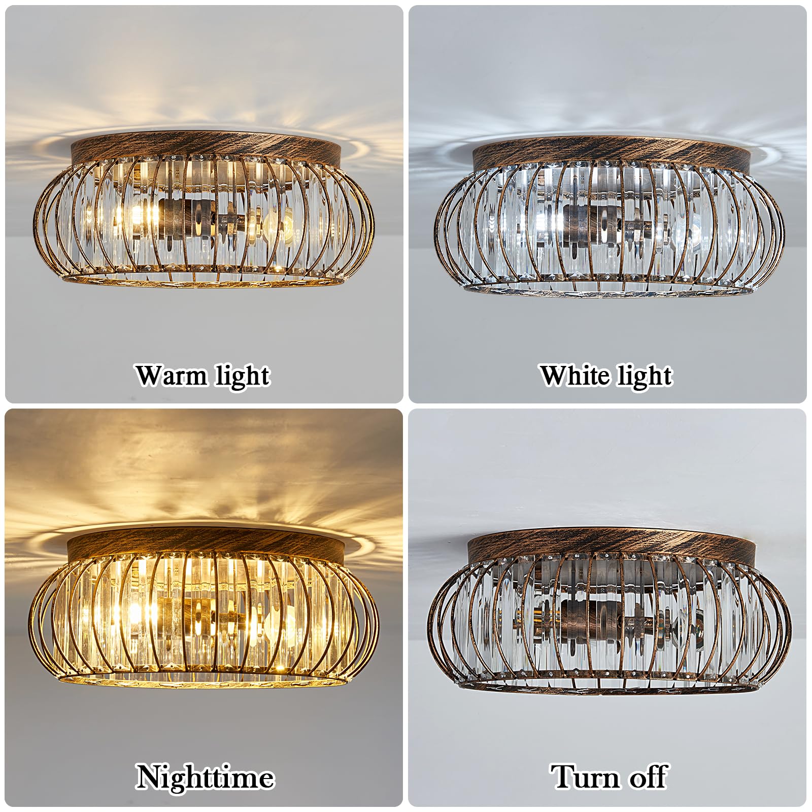 Yyjlx Modern Crystal Flush Mount Ceiling Light, Bronze 3-Light Chandelier For Home Decor