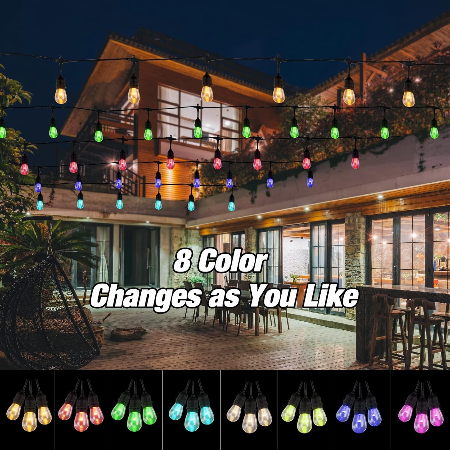 IPStank Solar Outdoor String Lights, 96FT, 30 Dimmable RGB Edison Bulbs, Waterproof, Multicolor, Model YGM-S14-15S