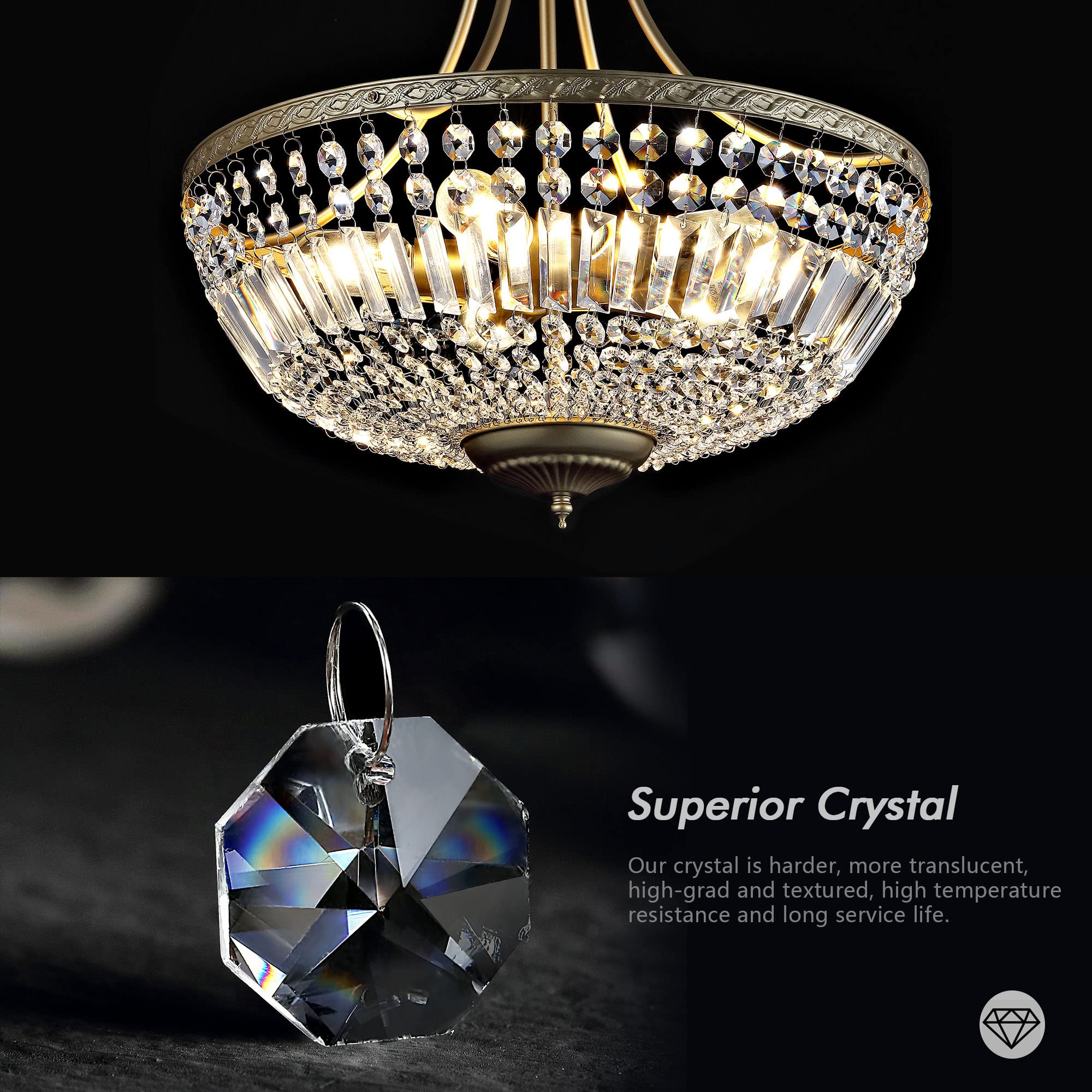 WINGBO 5-Light Crystal Ceiling Light Fixture, Modern Raindrop Chandelier, 19.5 Inch, Gold