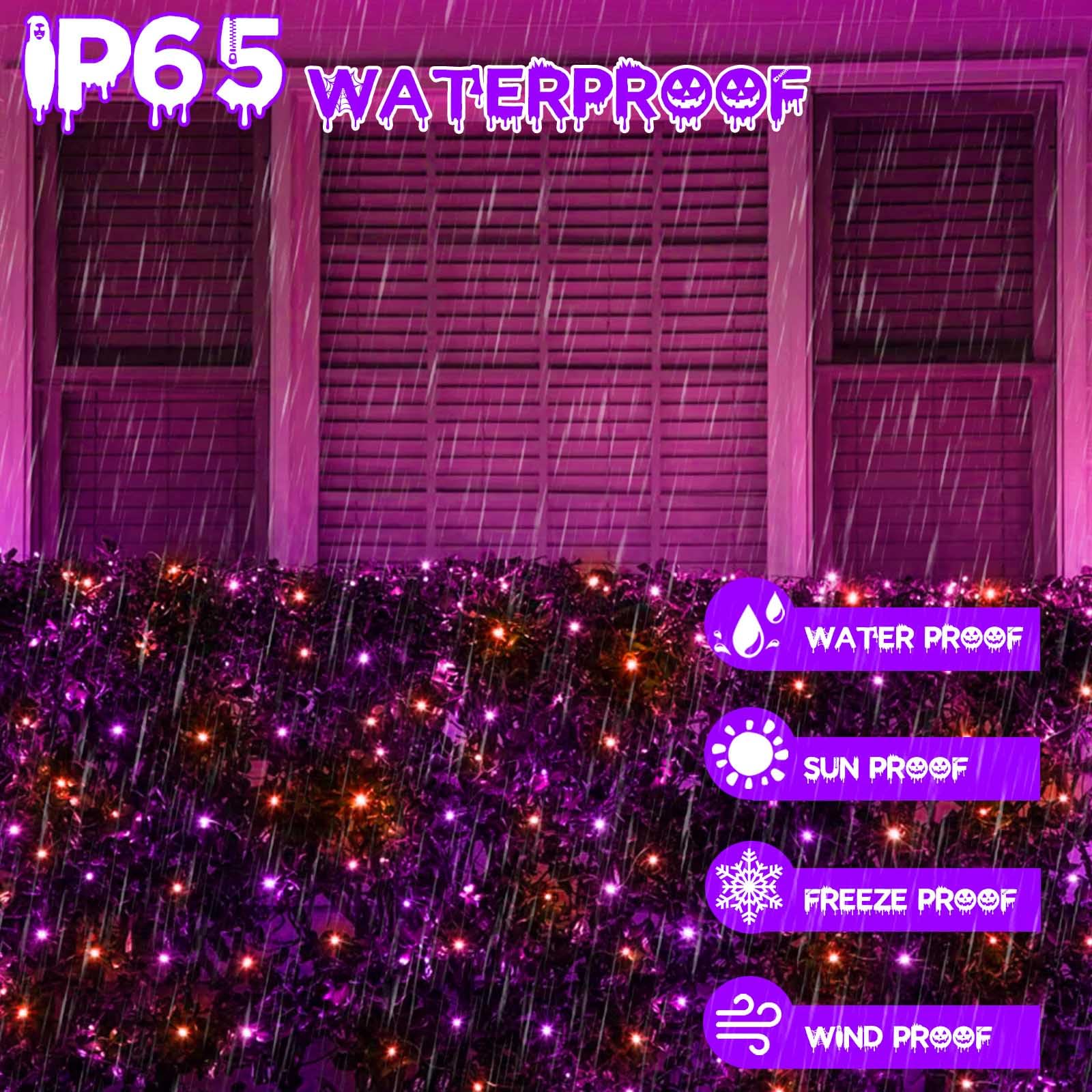 EEW 2 Pack 200 LED Solar String Lights, Waterproof Halloween Decorations, 8 Lighting Modes, Orange and Purple, Model CAIYUAN-100