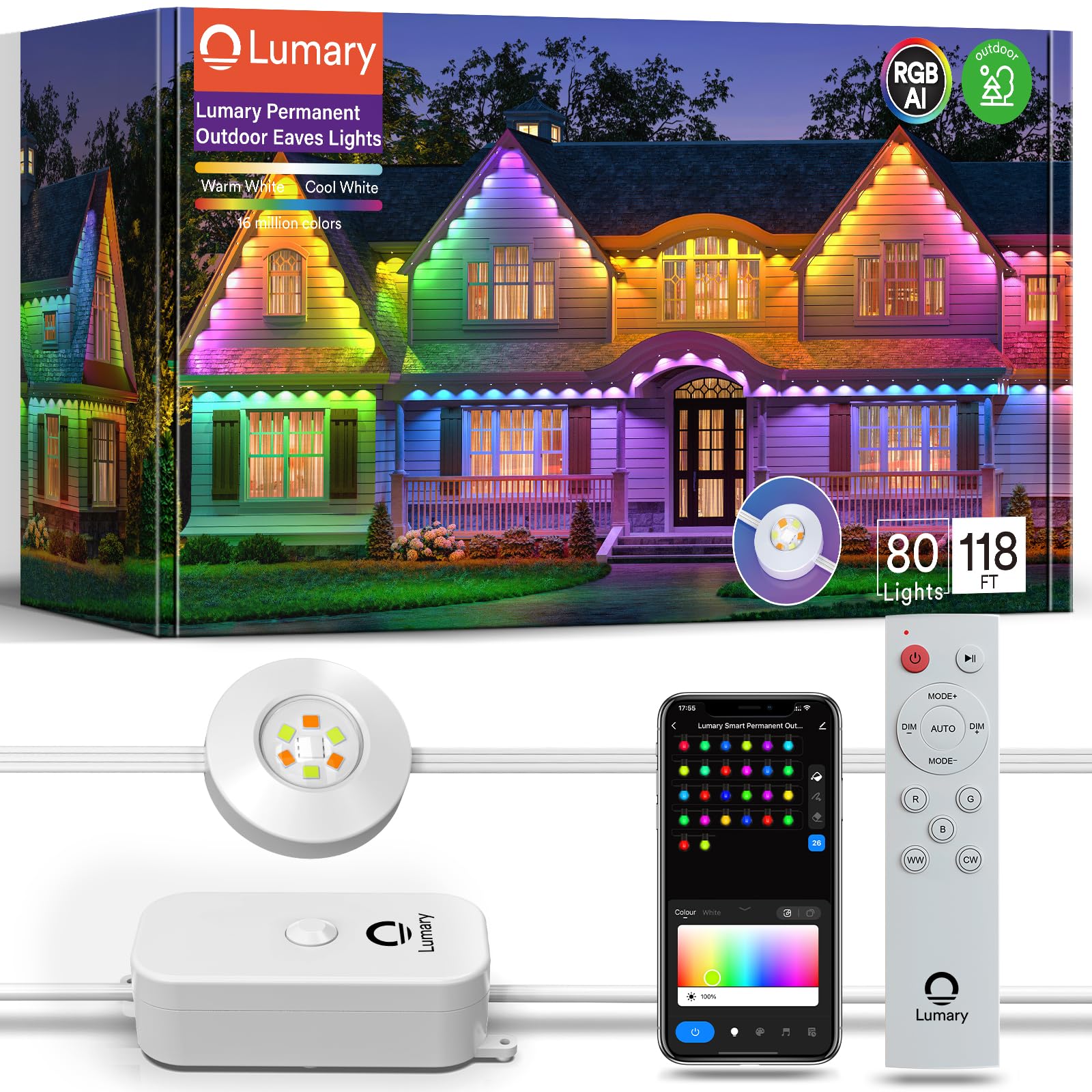 Lumary Smart Outdoor Lights Pro, 105ft, 80LED, 4000lm, IP67 Waterproof, White, Model L-PO80D1