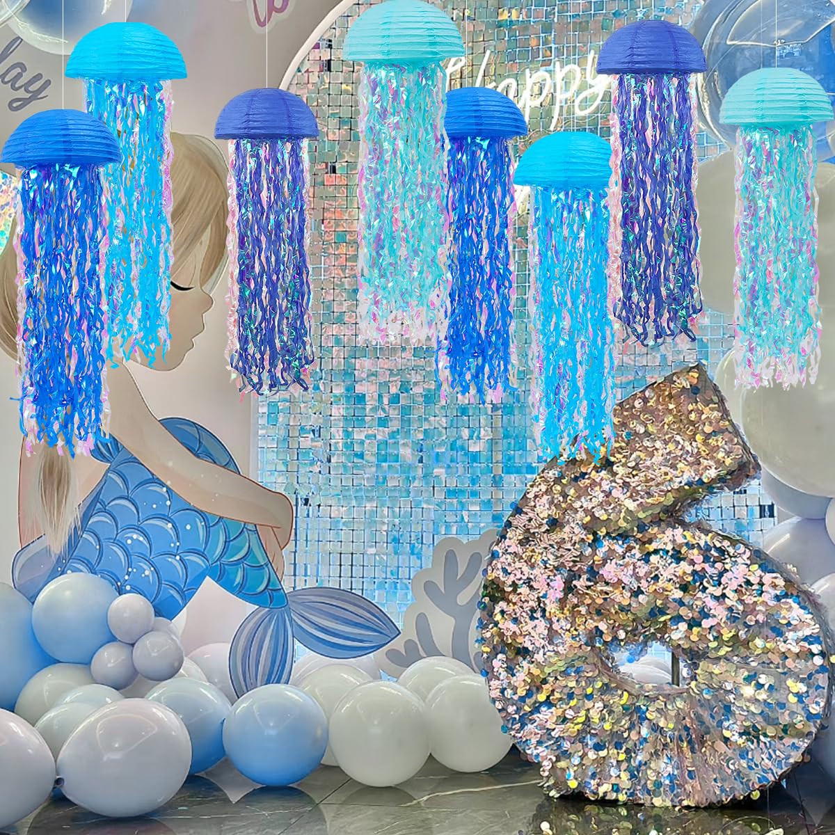Yunxuan Mermaid Party Decorations, Jellyfish Paper Lanterns Blue Hanging Lantern For Mermaid Baby Shower Under The Sea Ocean Blu