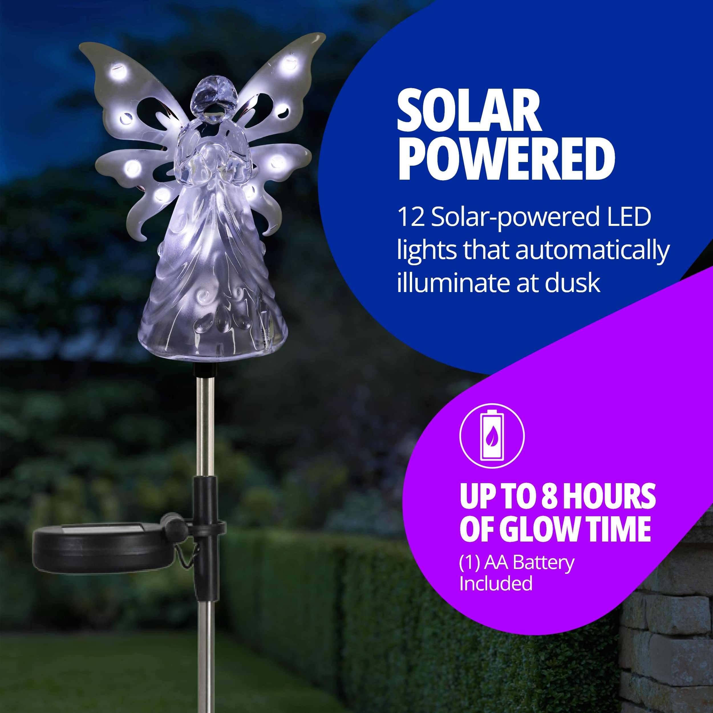 Exhart Garden Solar Lights, Decorative Angel Stake, 12 LEDs, Small, White, Model 20714