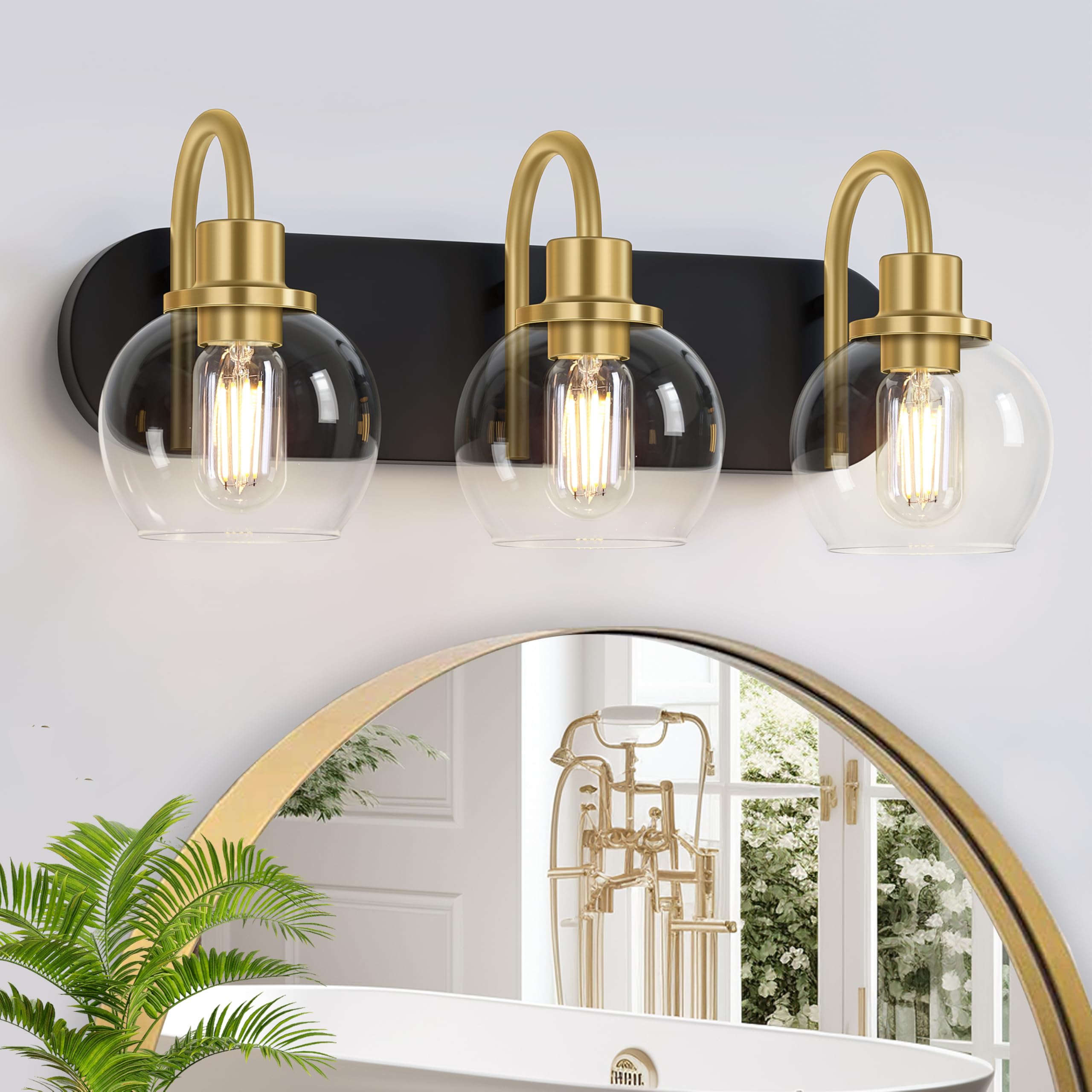 Dpyrrhic 3-Light Bathroom Vanity Light Fixture, Metal, Matte Black & Gold, Clear Glass Shade