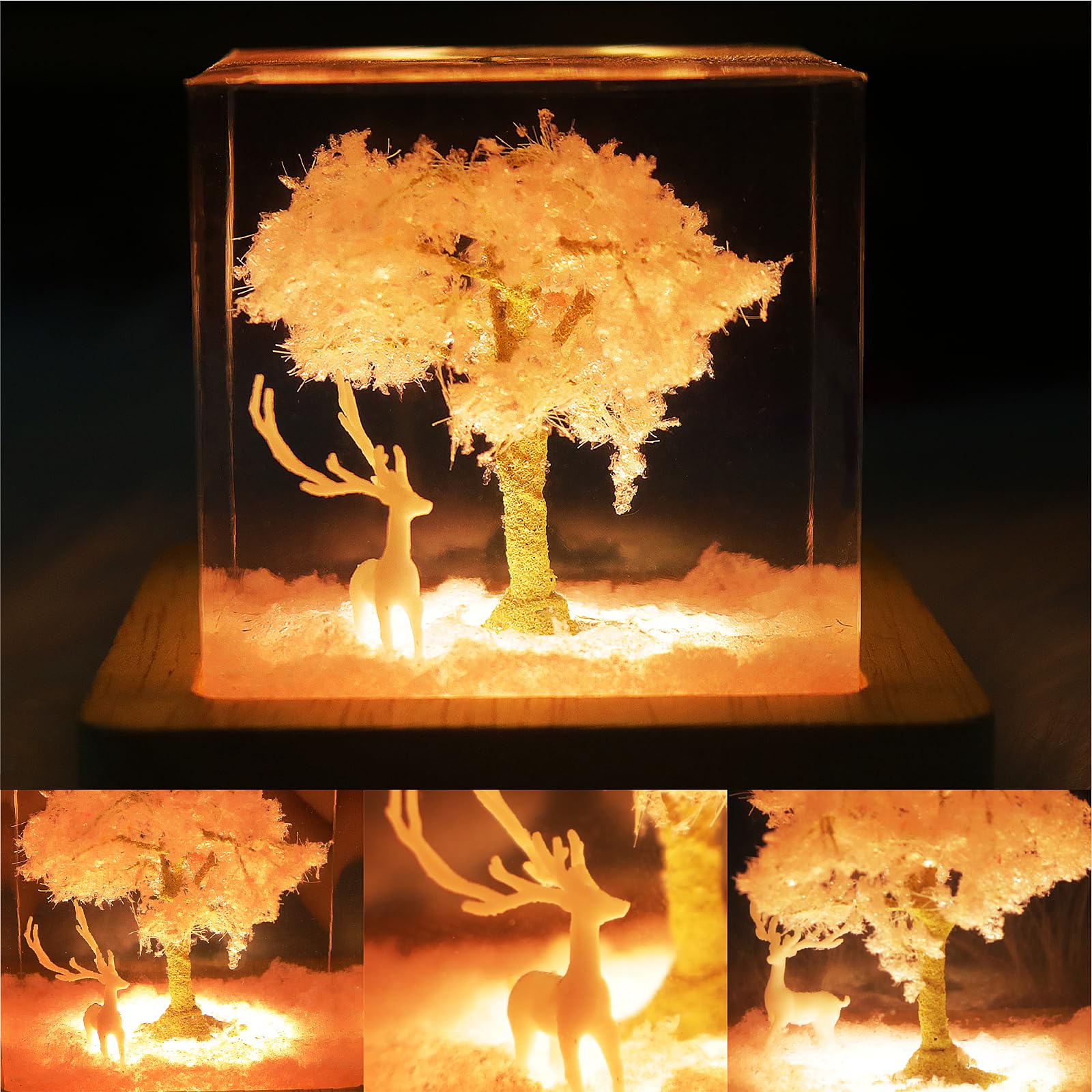 Eletriace Pink Cherry Blossom Tree White Moose Decorative Ornaments, Epoxy Resin Night Lights, Bedroom And Living Room Decoration,Suitable For Holidays