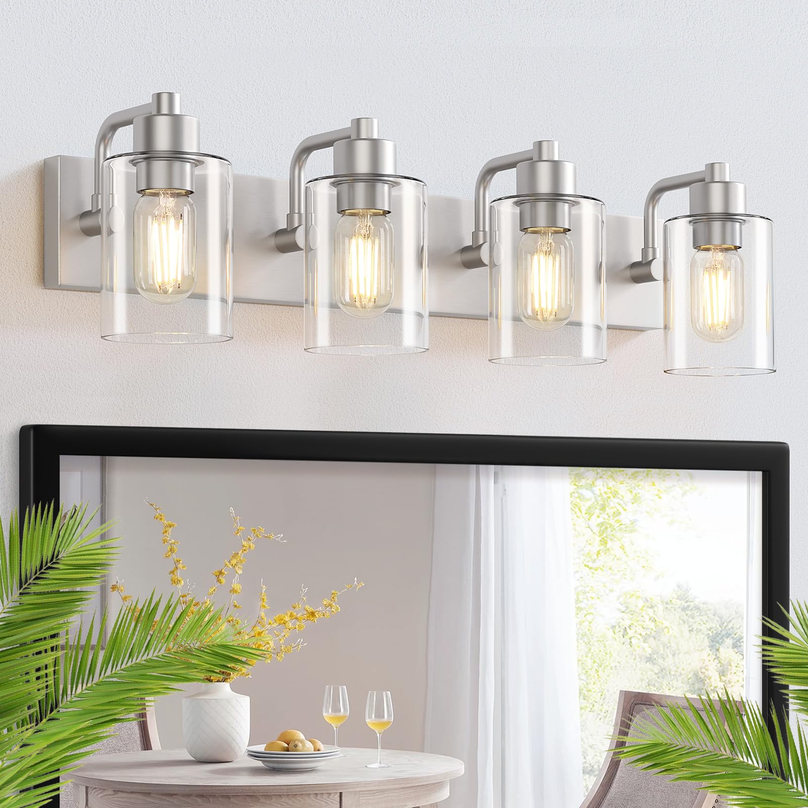 Dpyrrhic Brushed Nickel Bathroom Light Fixtures, Wall Mounted 4-Light Bathroom Lights Over Mirror With Clear Glass Shade,Wall Sc