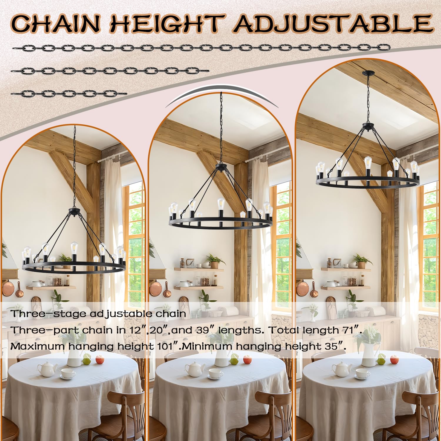 Zbmyrbzj 40    Farmhouse Wagon Wheel Chandelier,Black Rustic Chandelier 12-Lights Round Dining Room Light With Adjustable Height