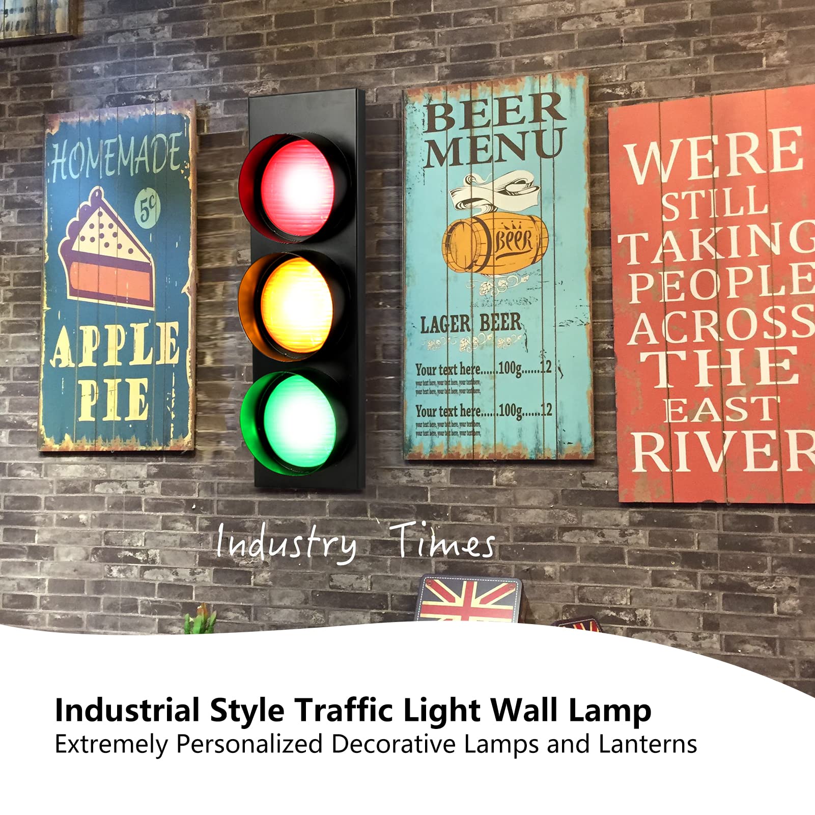 HOMIER Traffic Light Wall Lamp, Retro LED Decor with Remote Control, Model TL-01, 1-Side 3-Light Design for Kids Room, Classroom, Club
