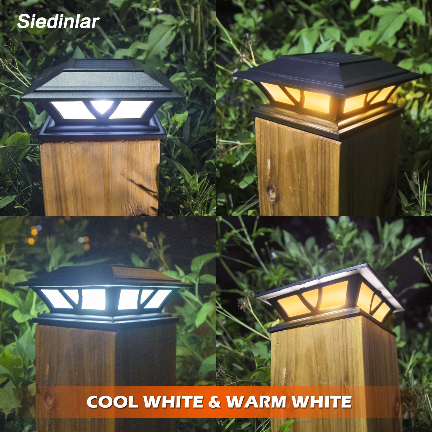 SIEDiNLAR Solar Post Lights Outdoor LED Deck Cap Light 6 Pack, Black, 2 Modes, for 4x4 5x5 6x6 Posts, Warm/Cool
