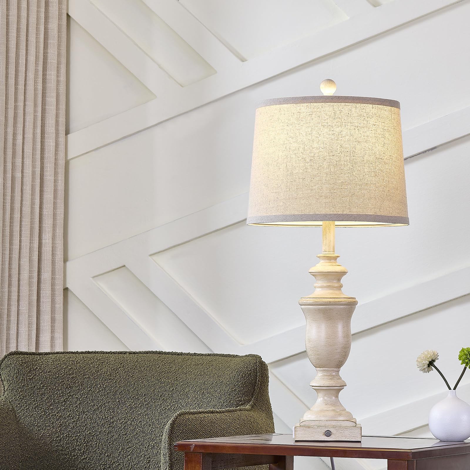 SAIWEYA Farmhouse Table Lamps Set of 2, 3 Way Dimmable, USB & AC Outlet, 27.5in, Antique Beige, Model TM-T04