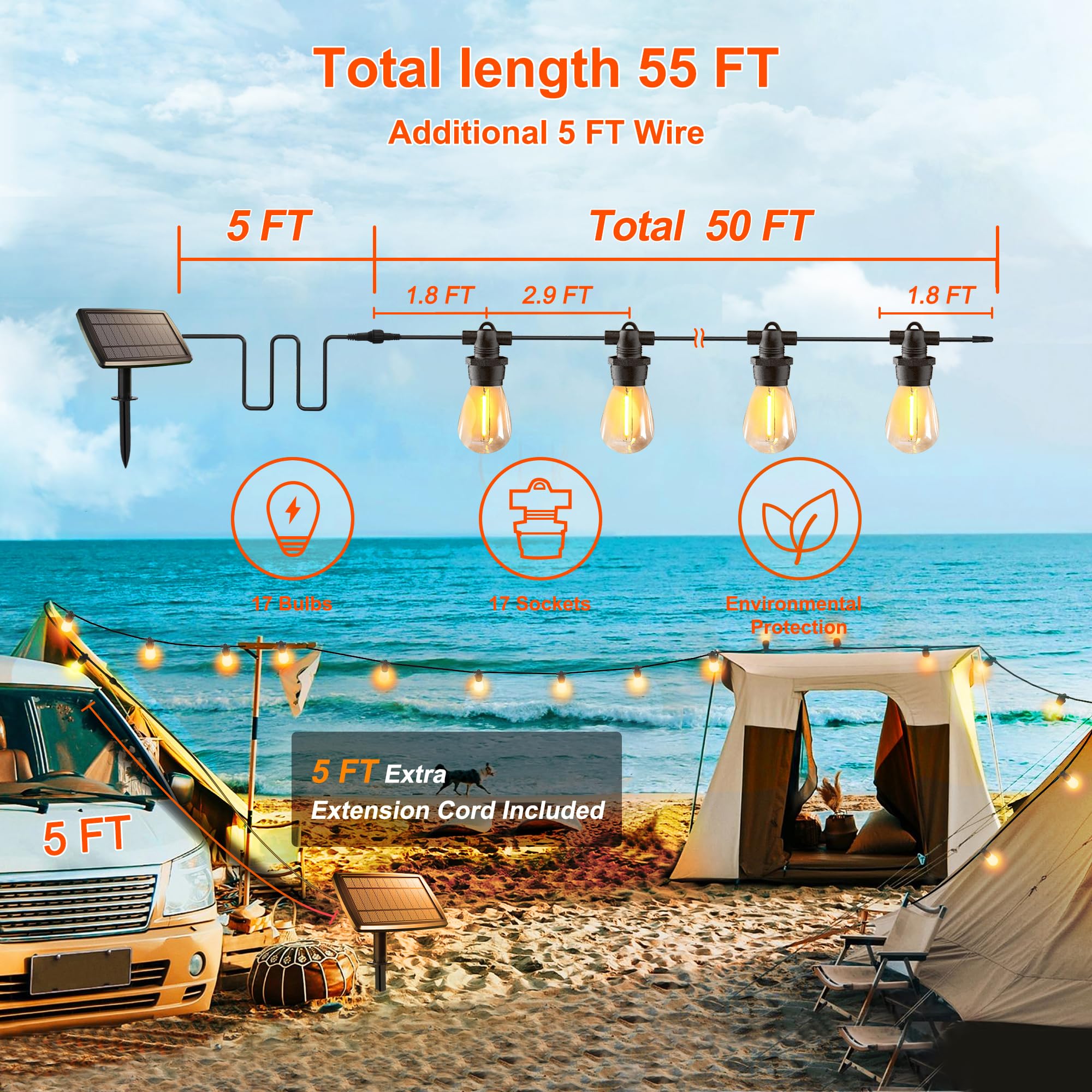 Stright Solar String Lights 55FT with Remote Control & USB, Warm White E12 S14 Bulbs, 17 Waterproof Sockets for Patio & Garden
