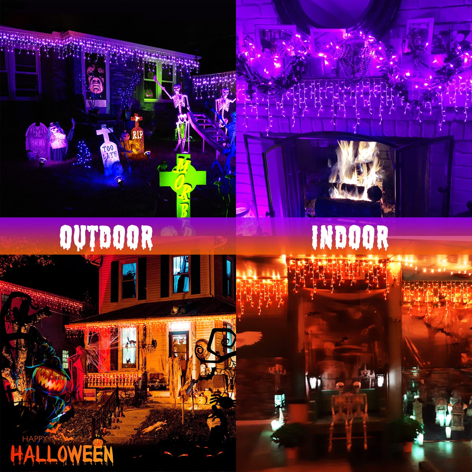 JMEXSUSS Halloween Icicle Lights, 400 LED, Waterproof, 11 Modes, Color Changing Orange to Purple, Model EXS-I-0400-R