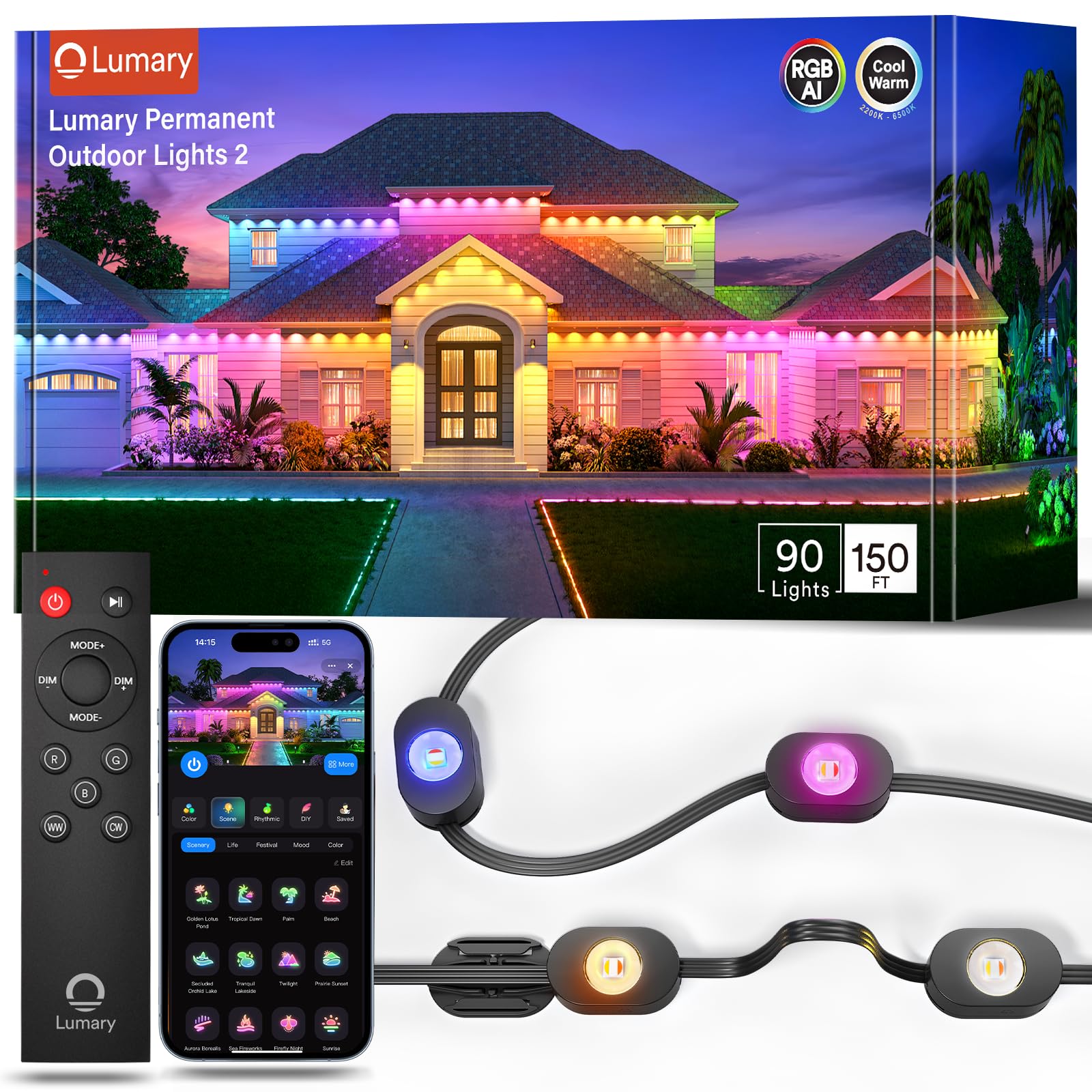 Lumary Smart Permanent Outdoor Lights 2 With Remote  150Ft With 90 Rgbaicw Leds 5400Lm For Daily And Accent Lighting  110+ Scenes For Halloween Christmas Decor  Compatible With Alexa Google  Black