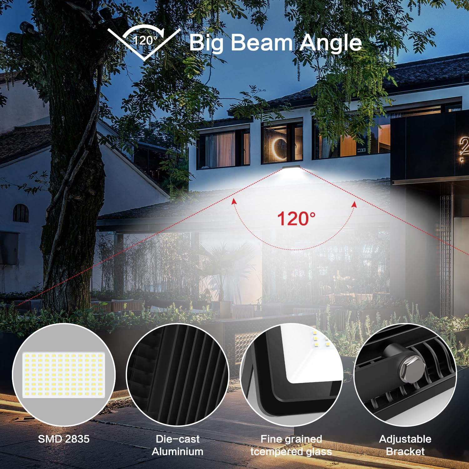 MORSEN 100W LED Flood Light - 15000LM, 5000K, IP66 Waterproof, Black, 2 Pack
