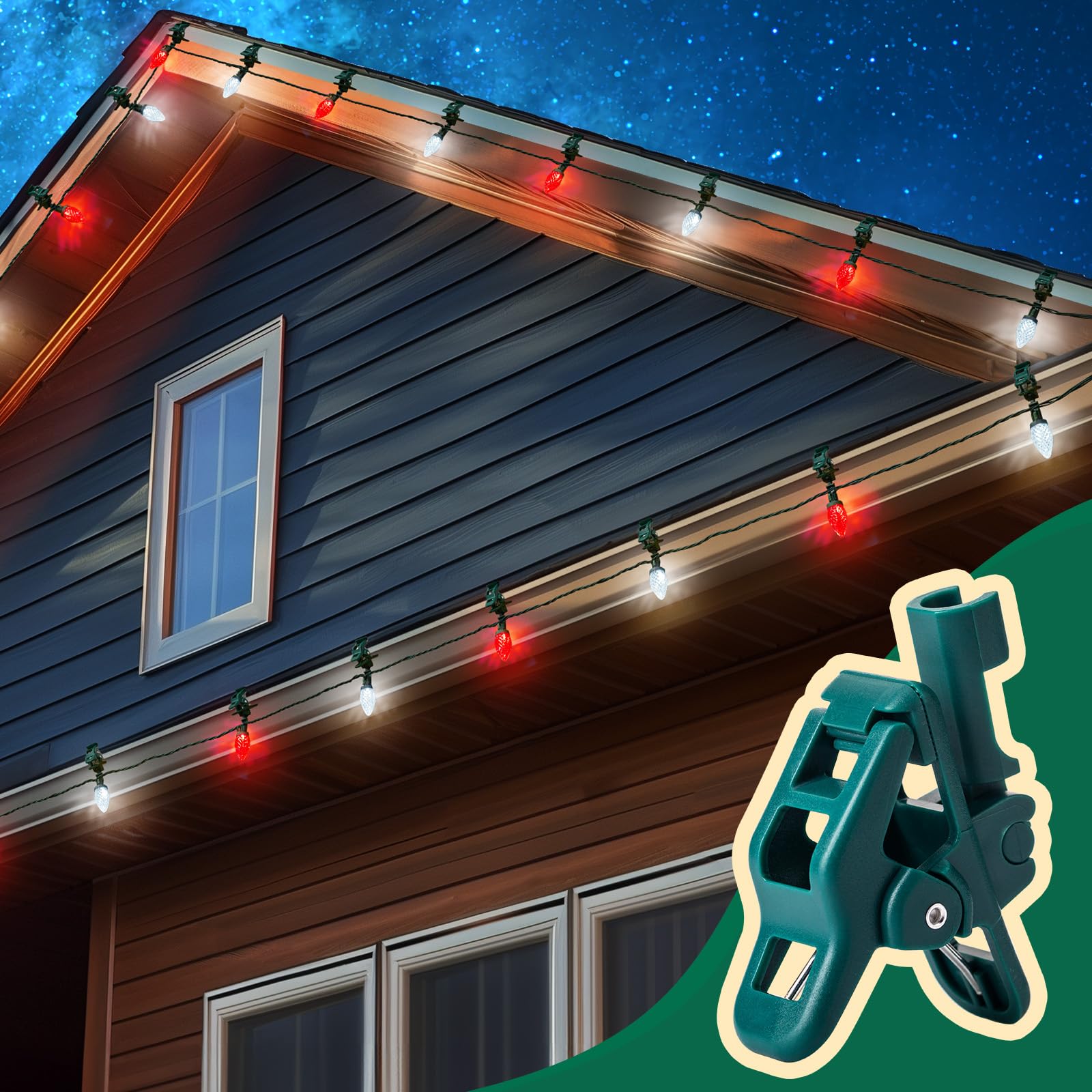 C9 LED Christmas Lights Outdoor with 100 Spring Clips, 81FT 100 LED C9 String Lights Waterproof Connectable for Roofline Patio H
