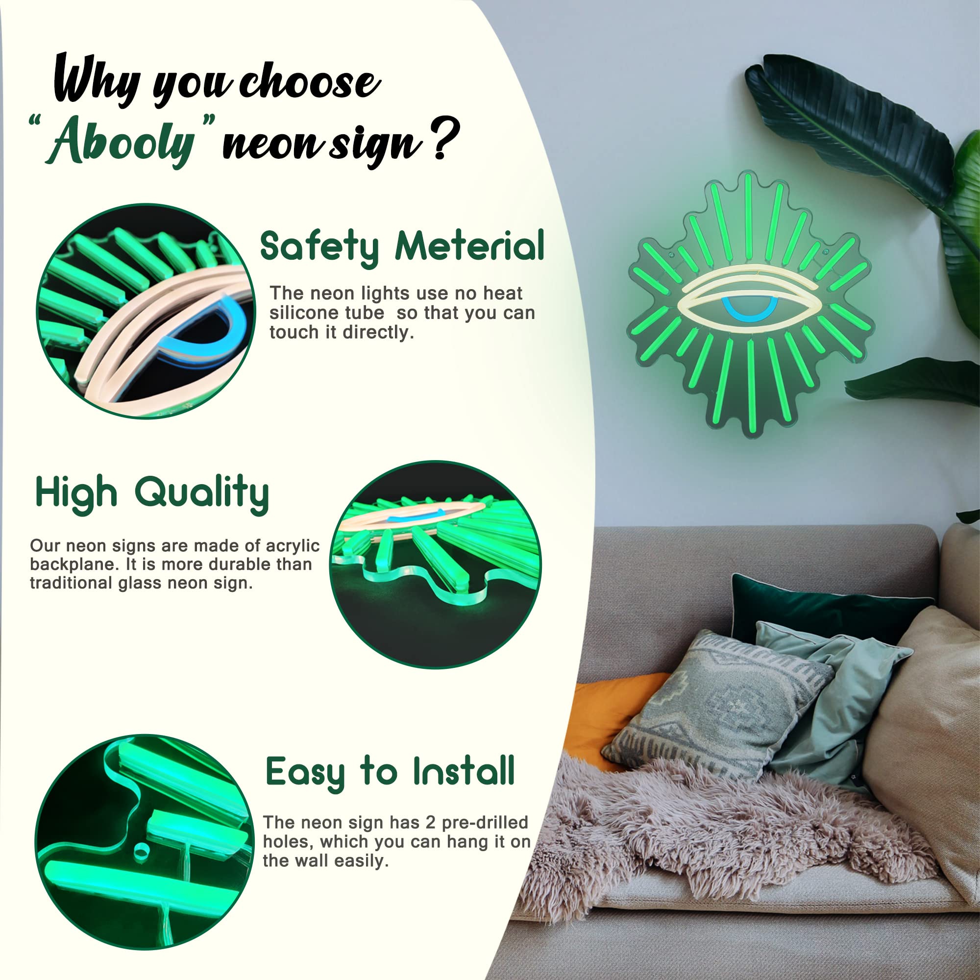 Abooly Neon Wall Sign, Green Eye Dimming LED, 13L x 11.8W, Acrylic & Vinyl, Game Room, Bedroom Decor
