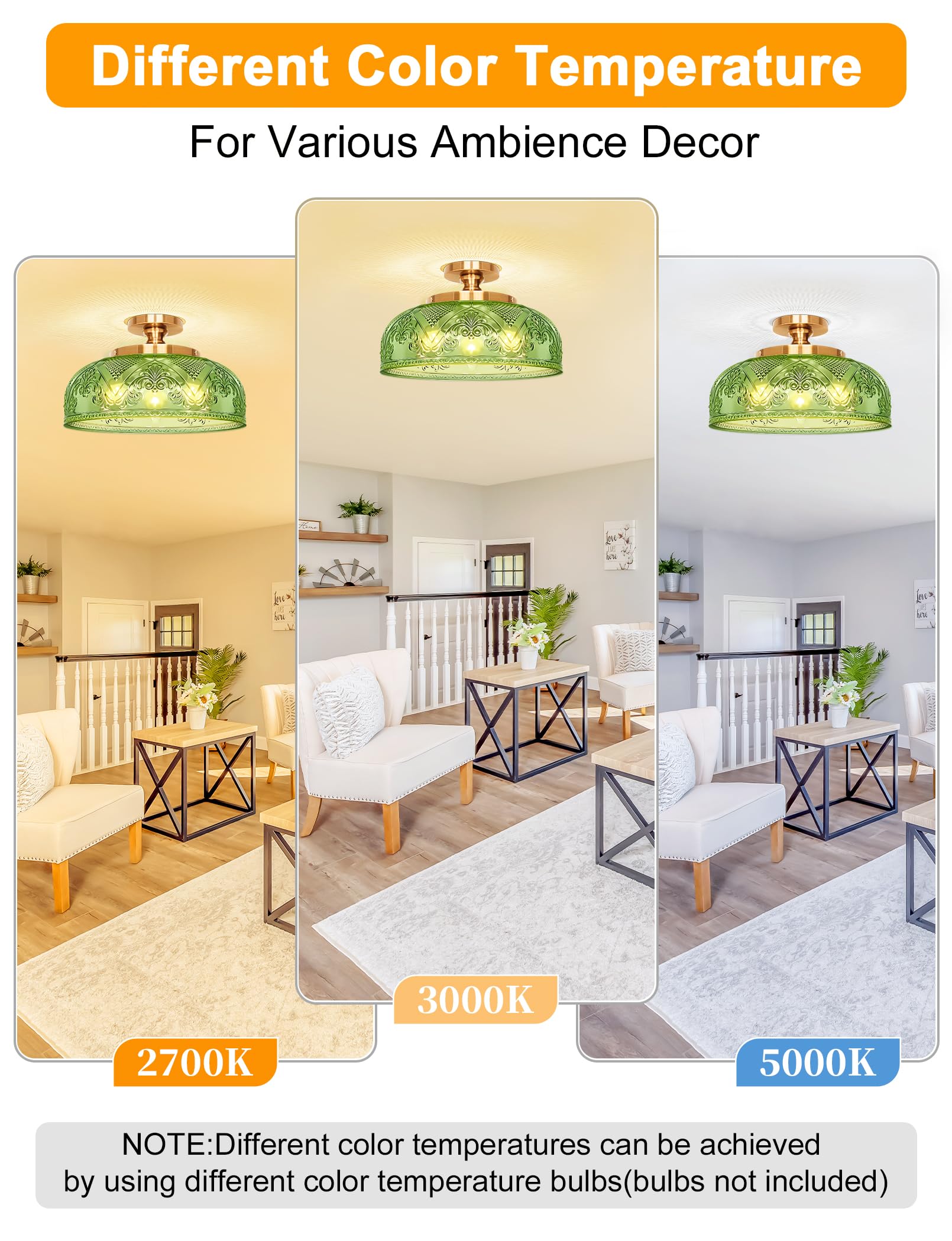 Slypadan Green Semi Flush Mount Ceiling Light  12 Inch Large Ceiling Light Fixture Gold  3-Light Globe Glass Farmhouse Kitchen Lighting Fixtures For Bathroom  Hallway  Dining Room (Bulb Not Included)