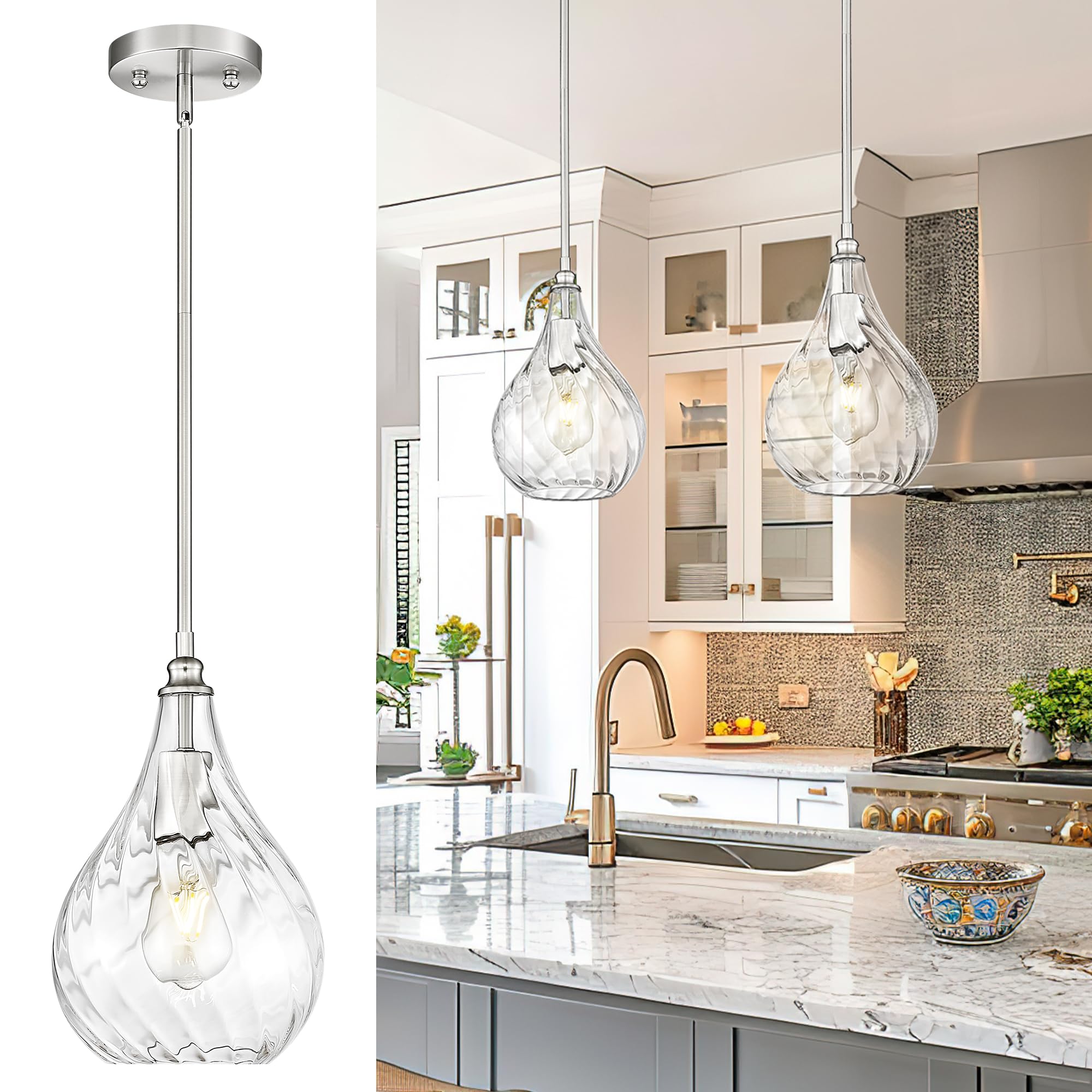 TENGXIN 8 Inch Hanging Pendant Light for Kitchen, Dining Room, Bedroom - Brushed Nickel Hammered Farmhouse Pendant Light