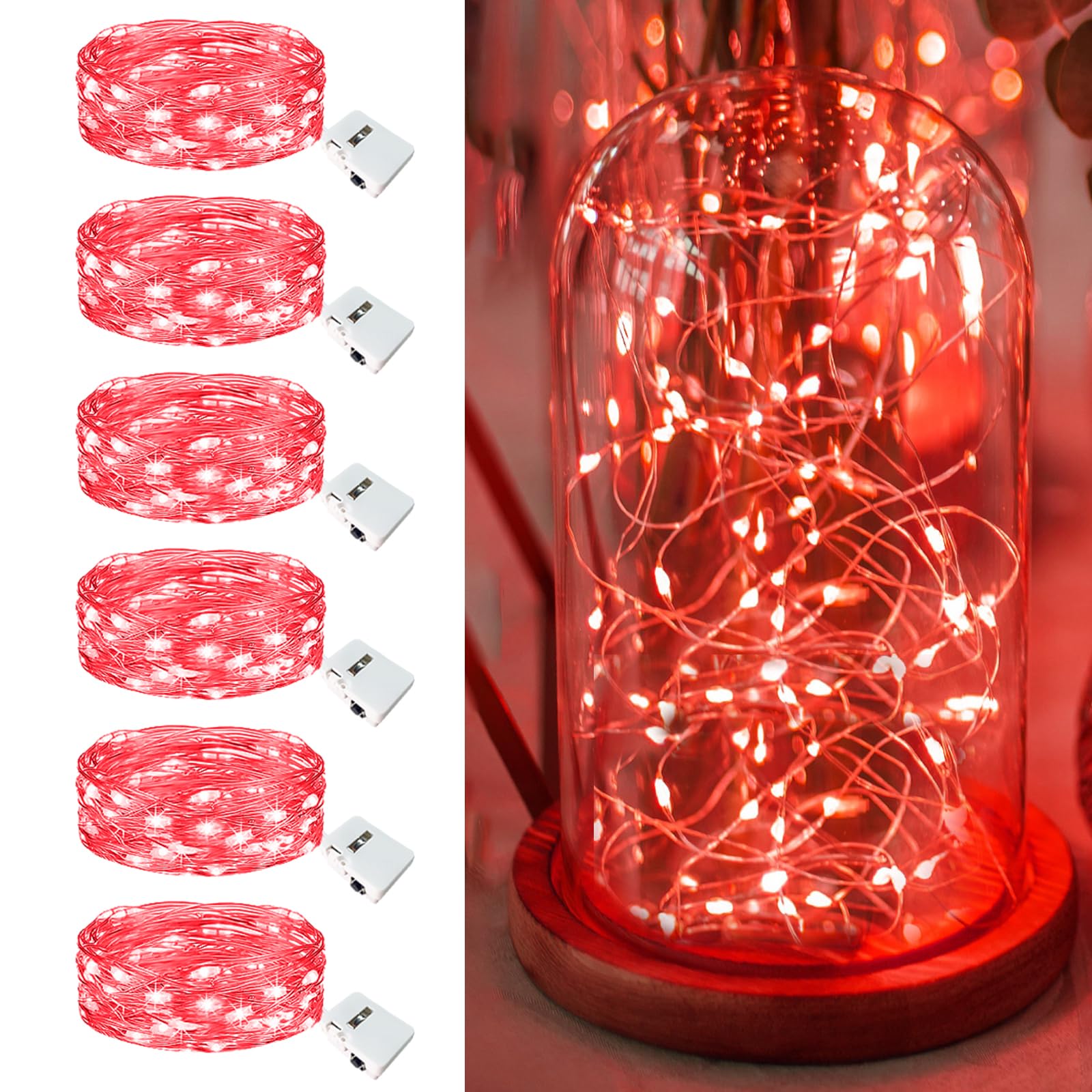6 Pack Fairy Lights Battery Operated - 7ft 20 Led Twinkle Lights 3 Modes  Bulk Mini String Lights Waterproof for Mason Jars Vases DIY Party Wedding Decoration Christmas - Red