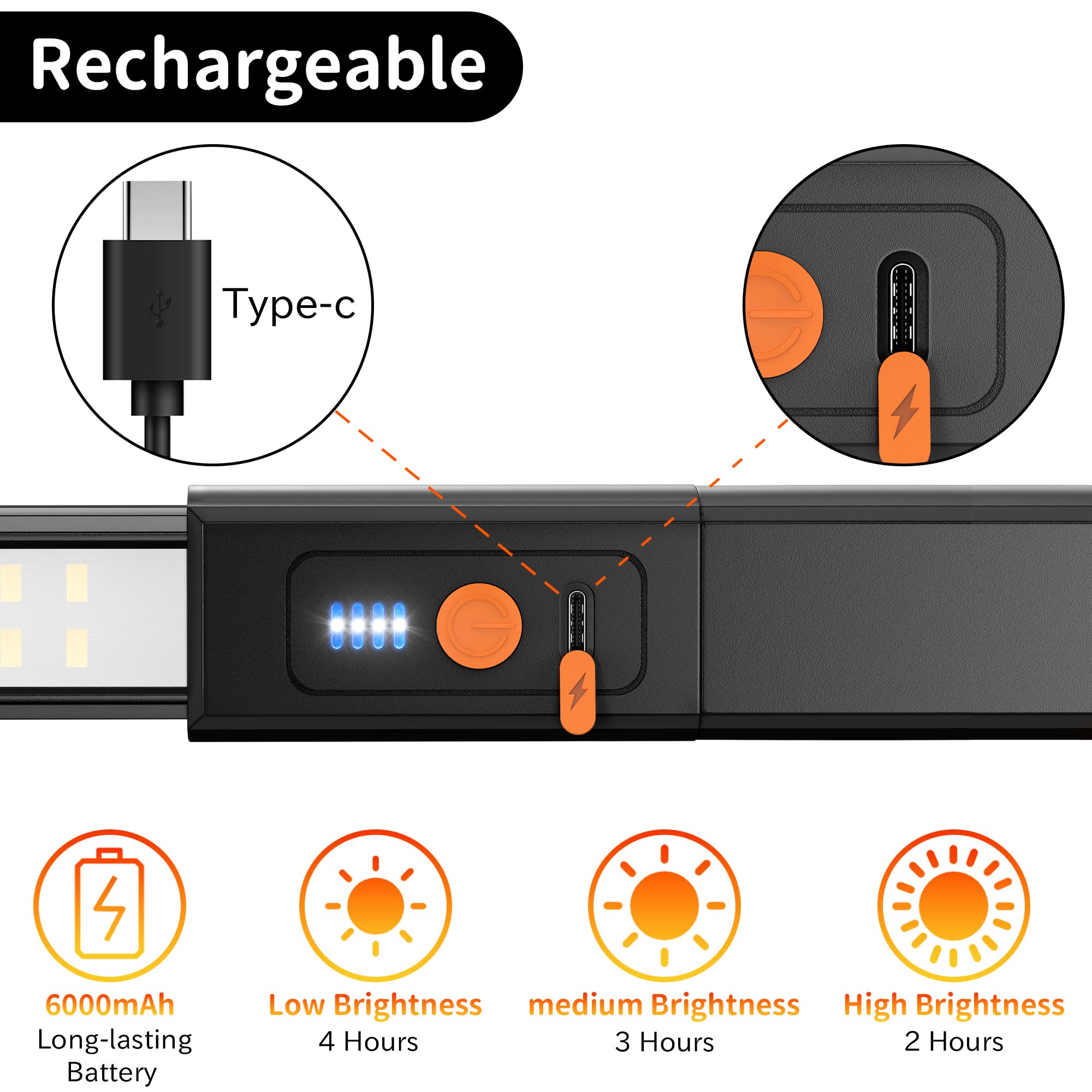 Yiamia Detachable Led Work Light Rechargeable, Aluminum Panel Long Underhood Work Light, 6000Mah Hood Light Bar With Magnetic An