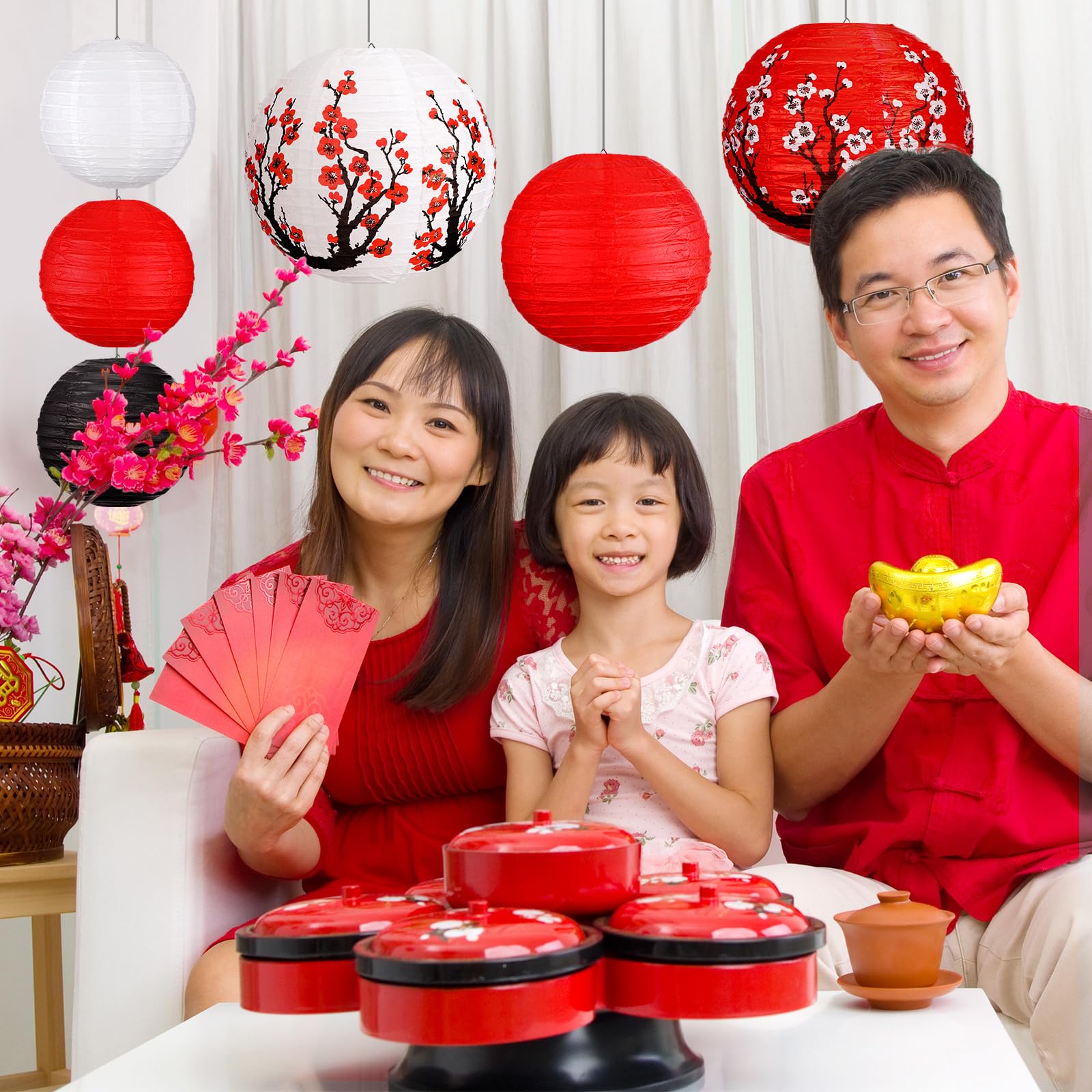 Bencailor 13 Pcs Paper Lantern Set - Hollow Round Plum Blossom - Red White Gold - Dark Color - Chinese New Year Decor - Model ZY-Bencailor-52736