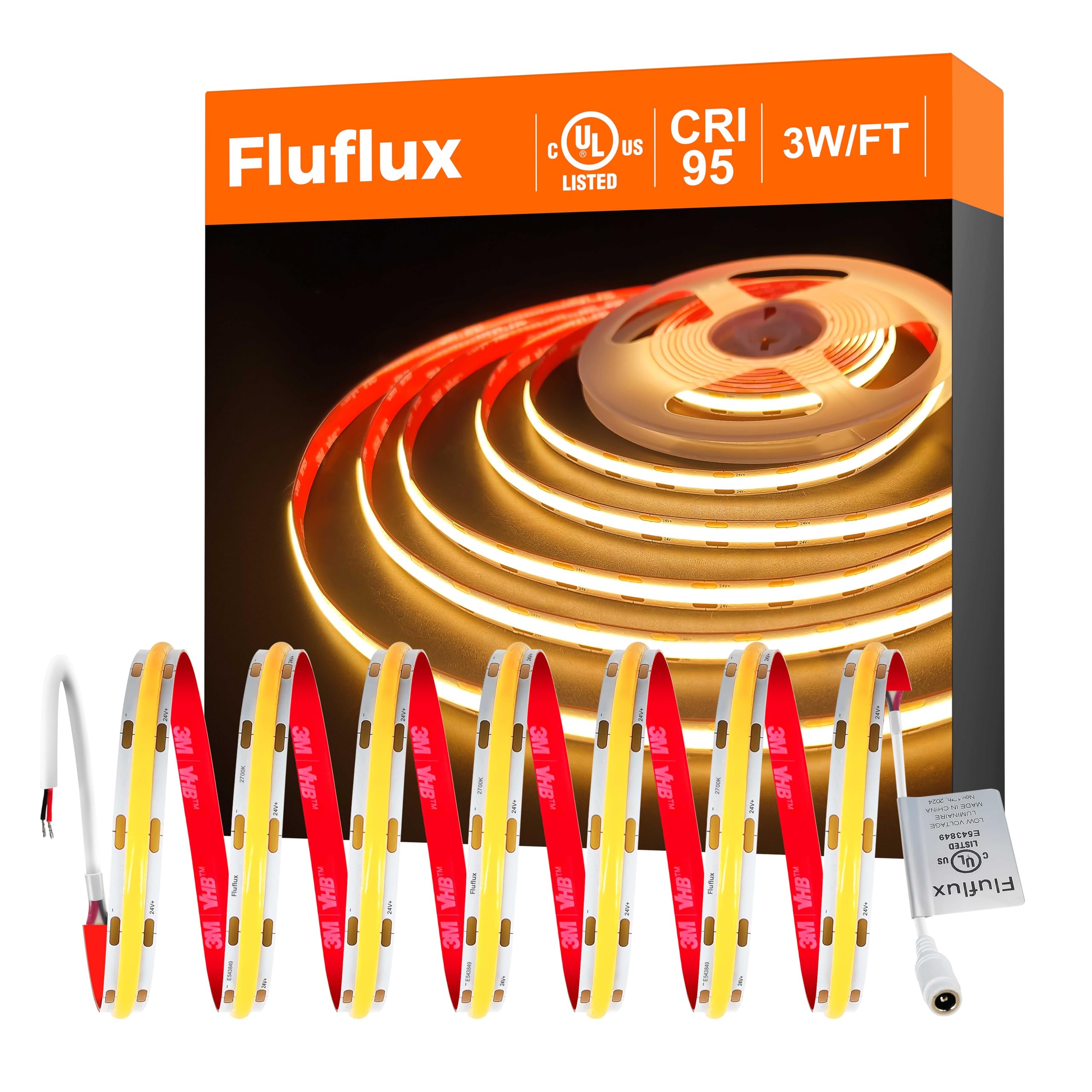 FluFlux 2700K COB LED Strip Lights, Premium Flexible Tape Light with Strong 3M VHB Tape, CRI 95, UL Listed, Cuttable, Dimmable, 