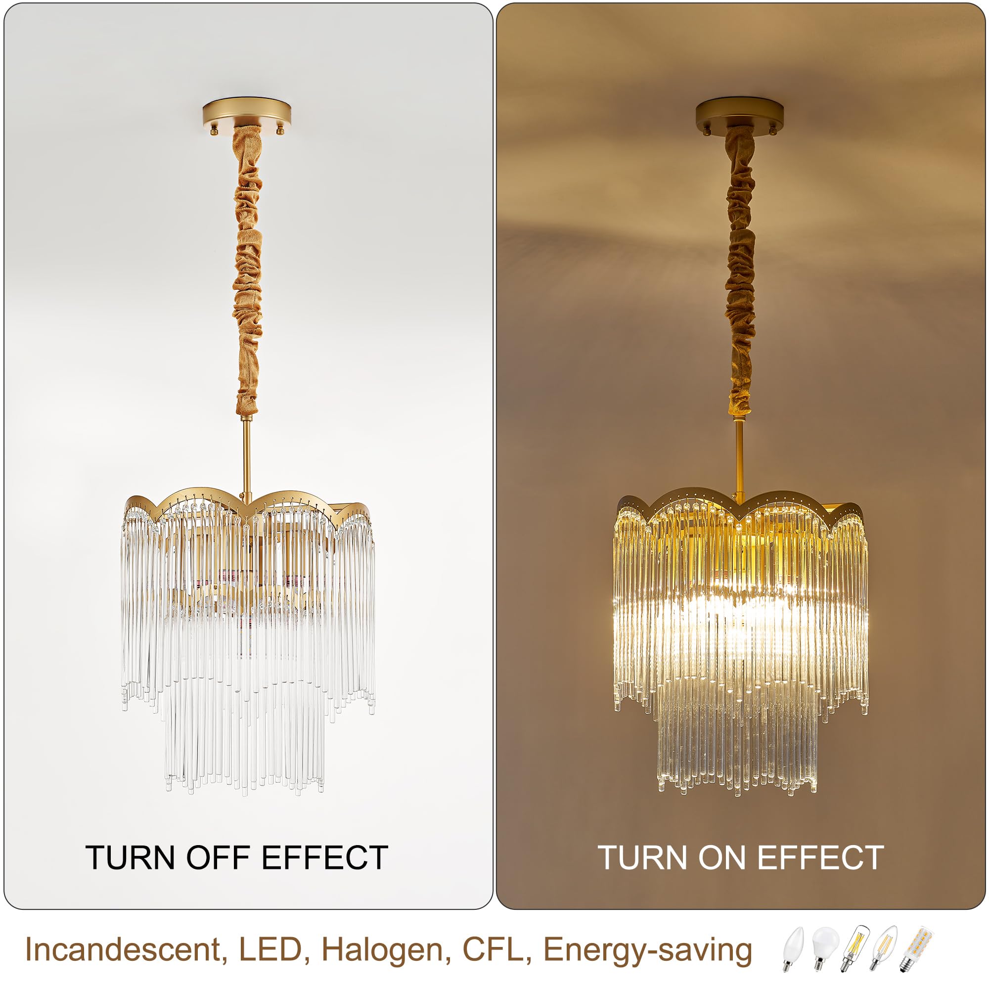 Faibra 12.52'' Gold Clear Glass Crystal Pendant Light 5-Light Modern Crystal Pendant Ceiling Light Fixture 2-Tier Luxury Glass C