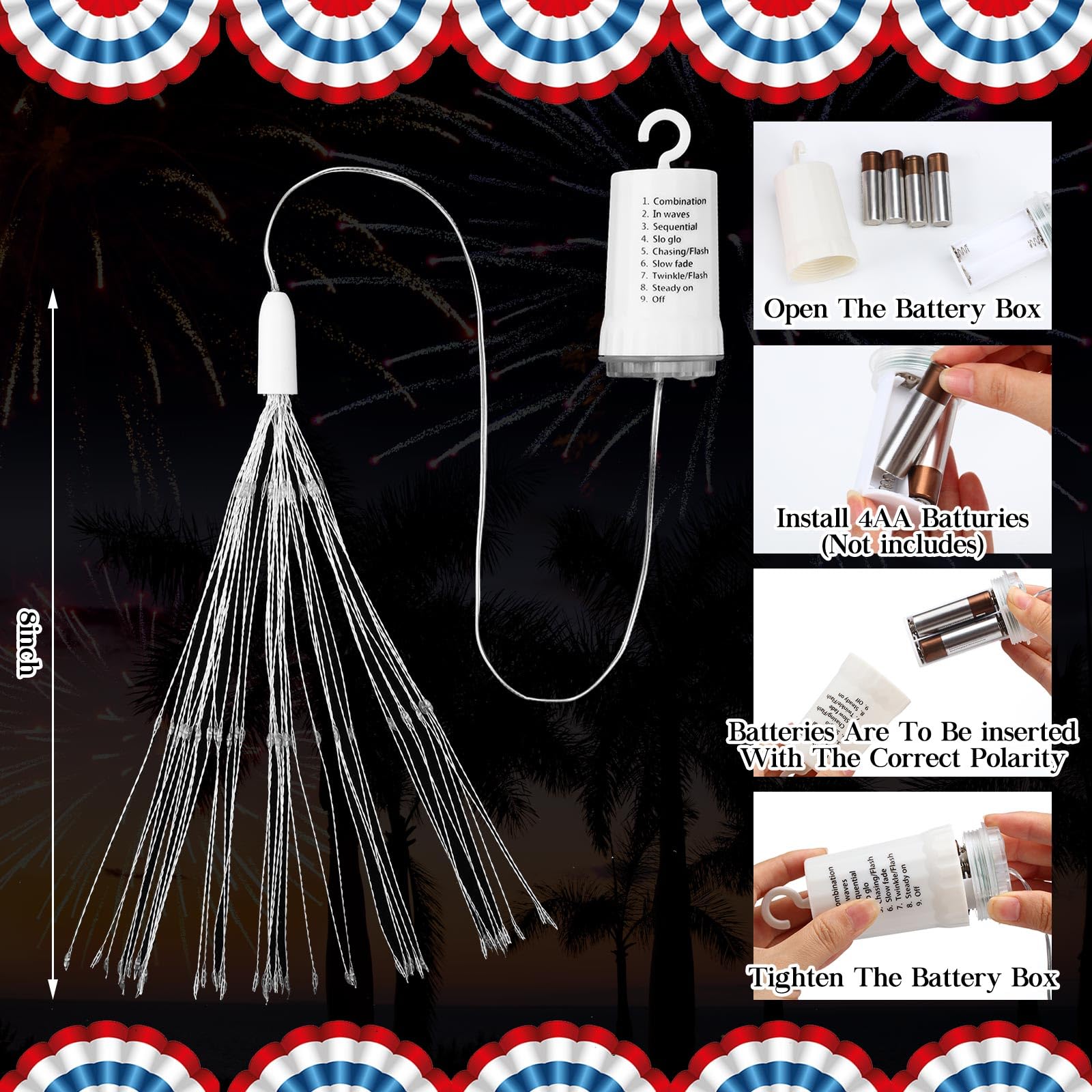 Aurelema 6 Pack 4th of July Decorations Firework Lights Hanging Patriotic Red White and Blue Starburst USA Letter 160 LED Lights