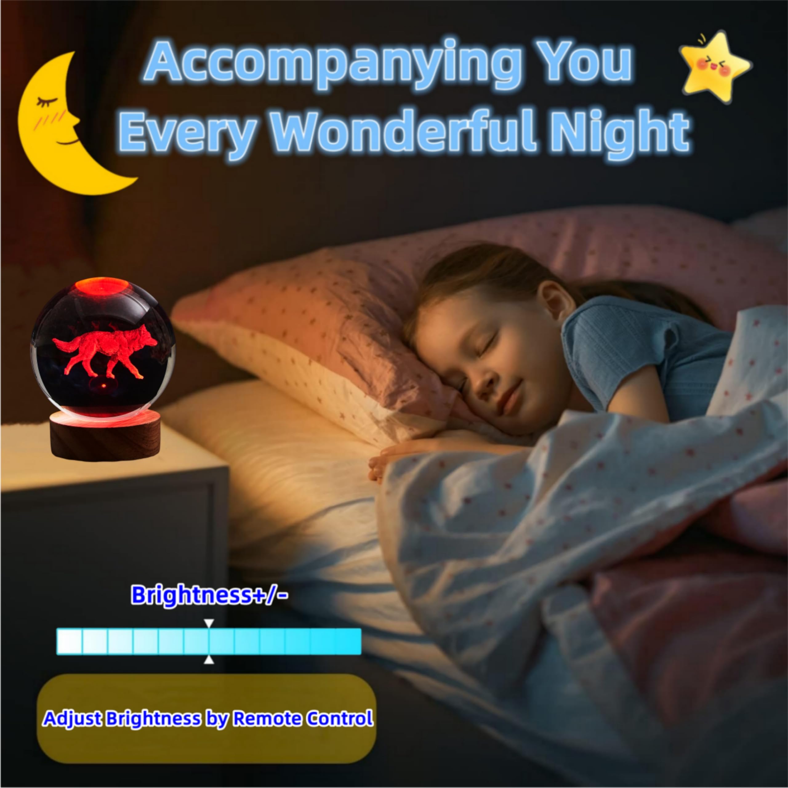 3D Crystal Ball Lamp, Upgraded 3.15 Inch Wolf Crystal Ball Night Light With 16 Colors Led, Wooden Base, Remote Control, Gift Box