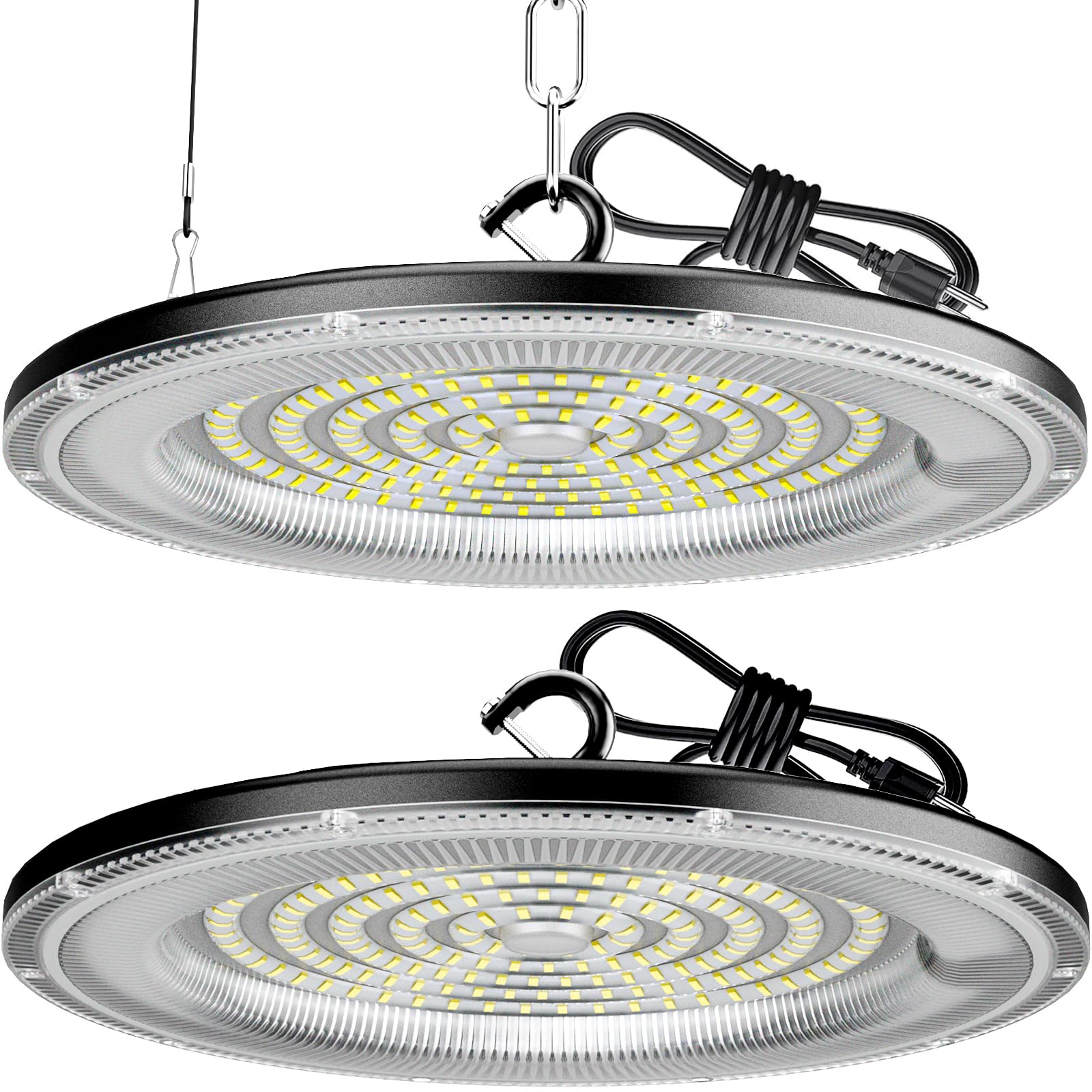WILLGOTOP 2 Pack 250W UFO LED High Bay Light  32500LM Shop Lights  Garage Light IP66 Waterproof  Industrial Lighting  6500K with US Plug Hook  AC110-275V for Workshop  Warehouse  Barn  Factory  Gym